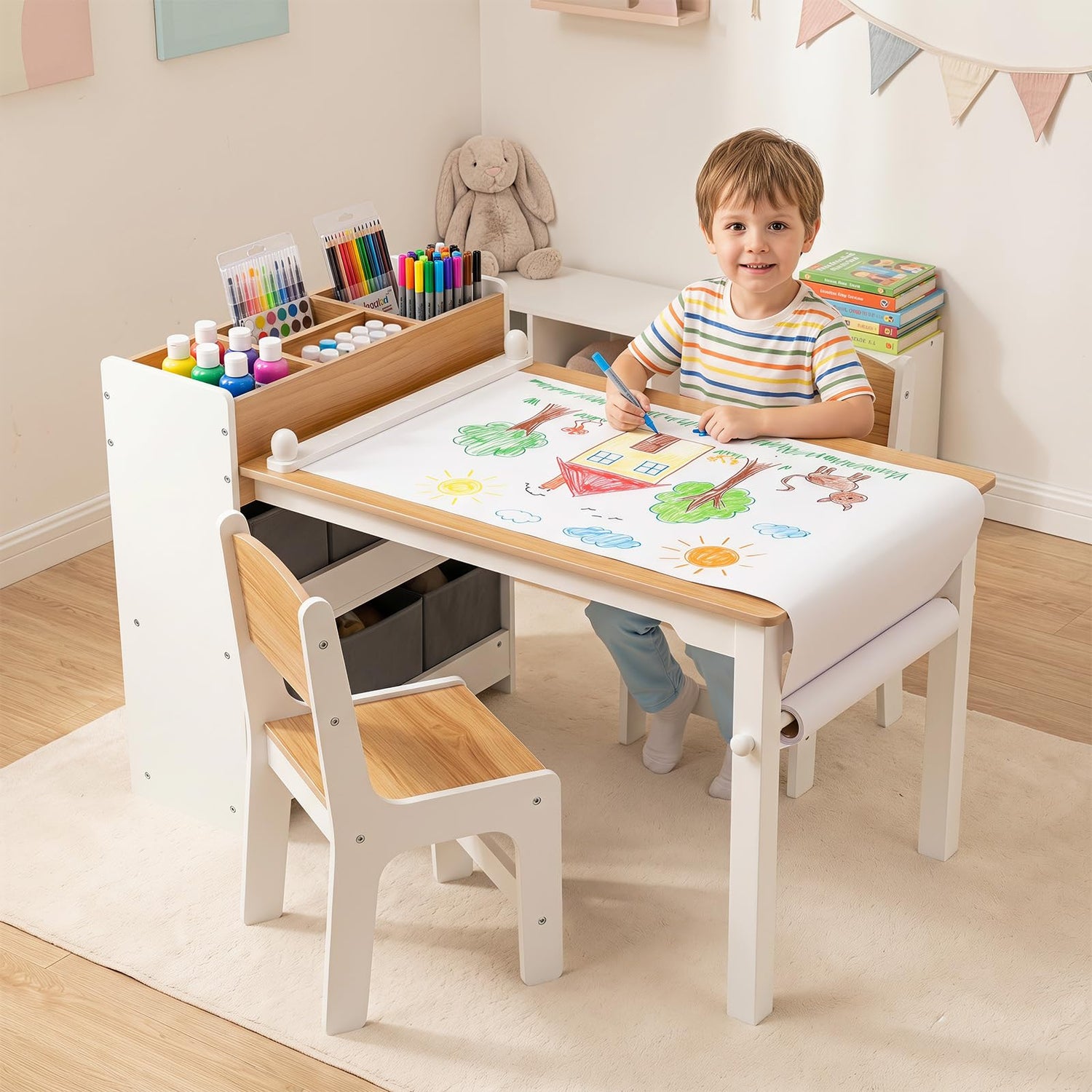 Children's Craft Play Desk Set with Paper Roll, Bookshelf