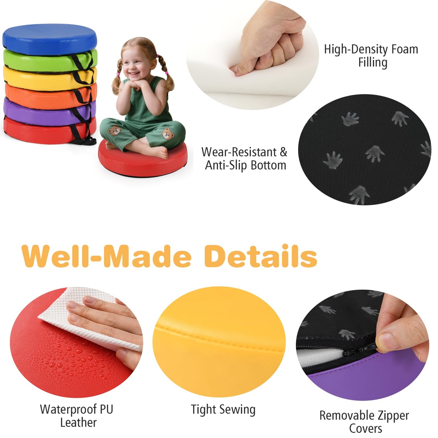 6 PCS Round Floor Cushions with Handles for Kids