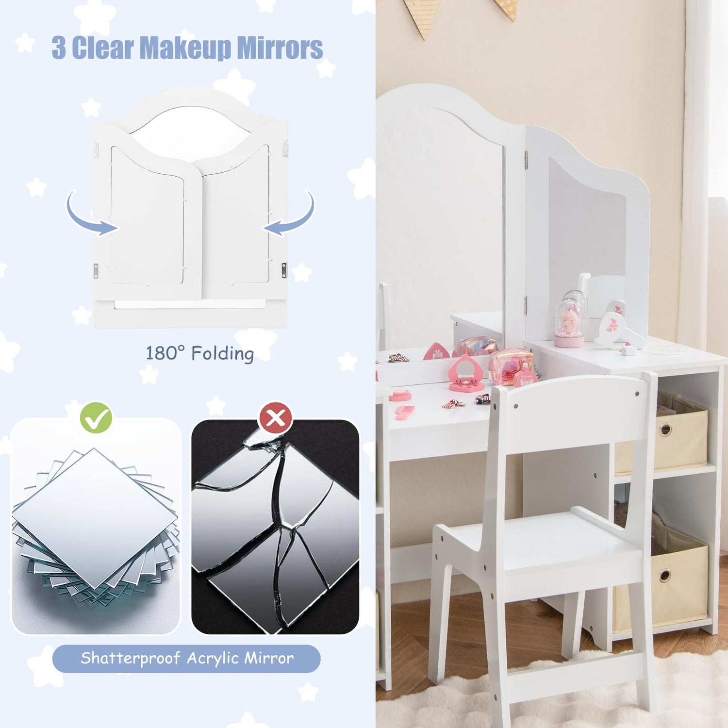 GYMAX Kids Vanity Table, 2-in-1 Girls Dressing Table