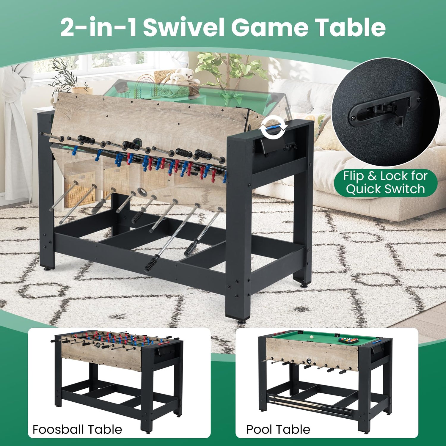 2-in-1 Swivel Multi Game Table 122 cm Foosball and Pool Combo Table