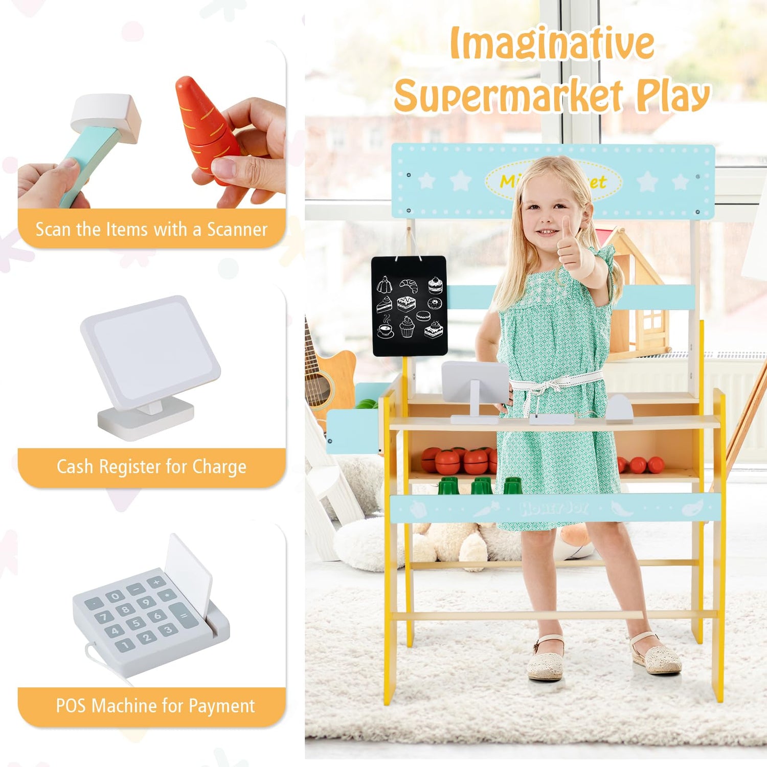GYMAX Kids Grocery Store Playset, Children Pretend Supermarket Play Toy with Scanner