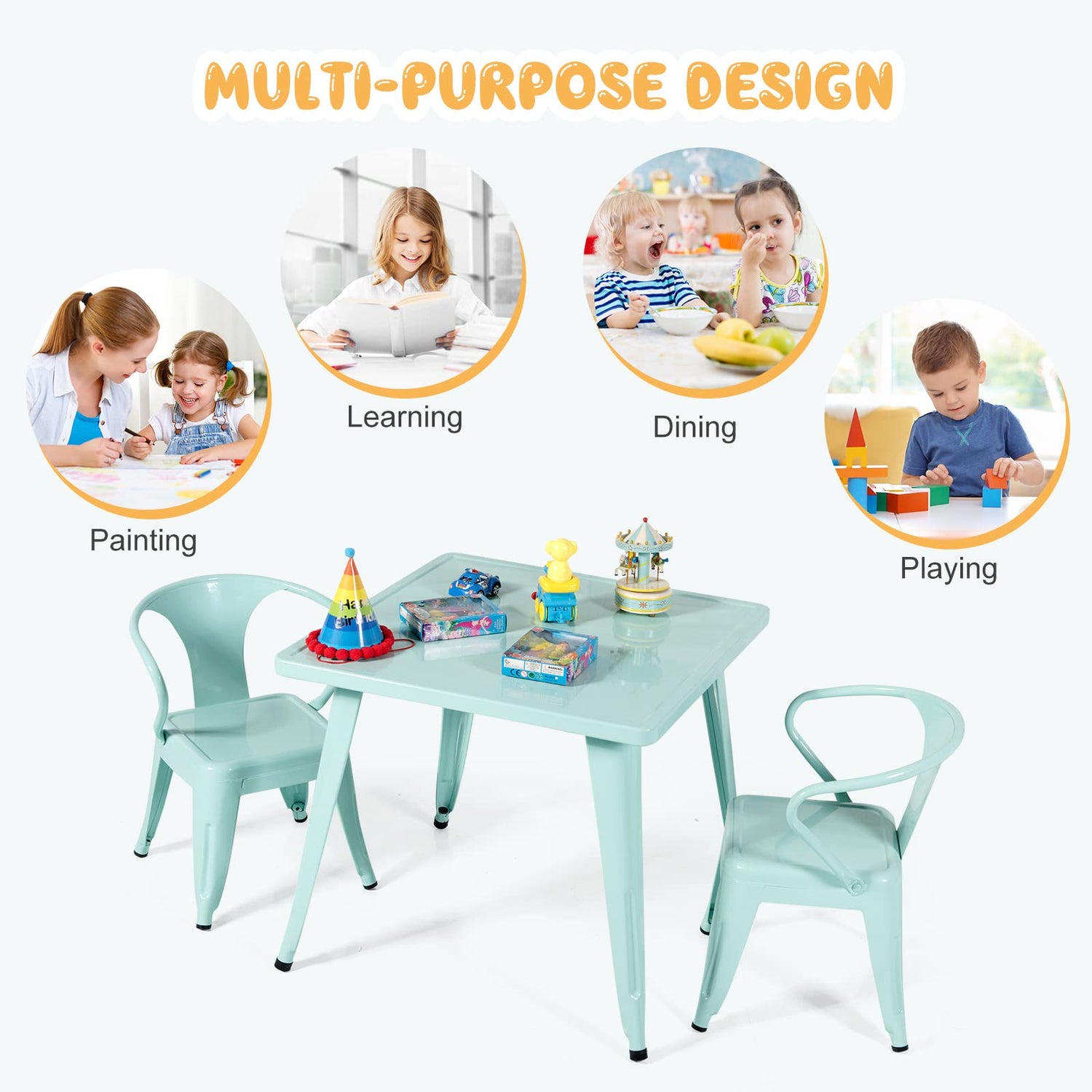 GYMAX Kids Table and Chairs Set, Children Activity Table with 2 Stackable Chairs & Anti-slip Foot Pads