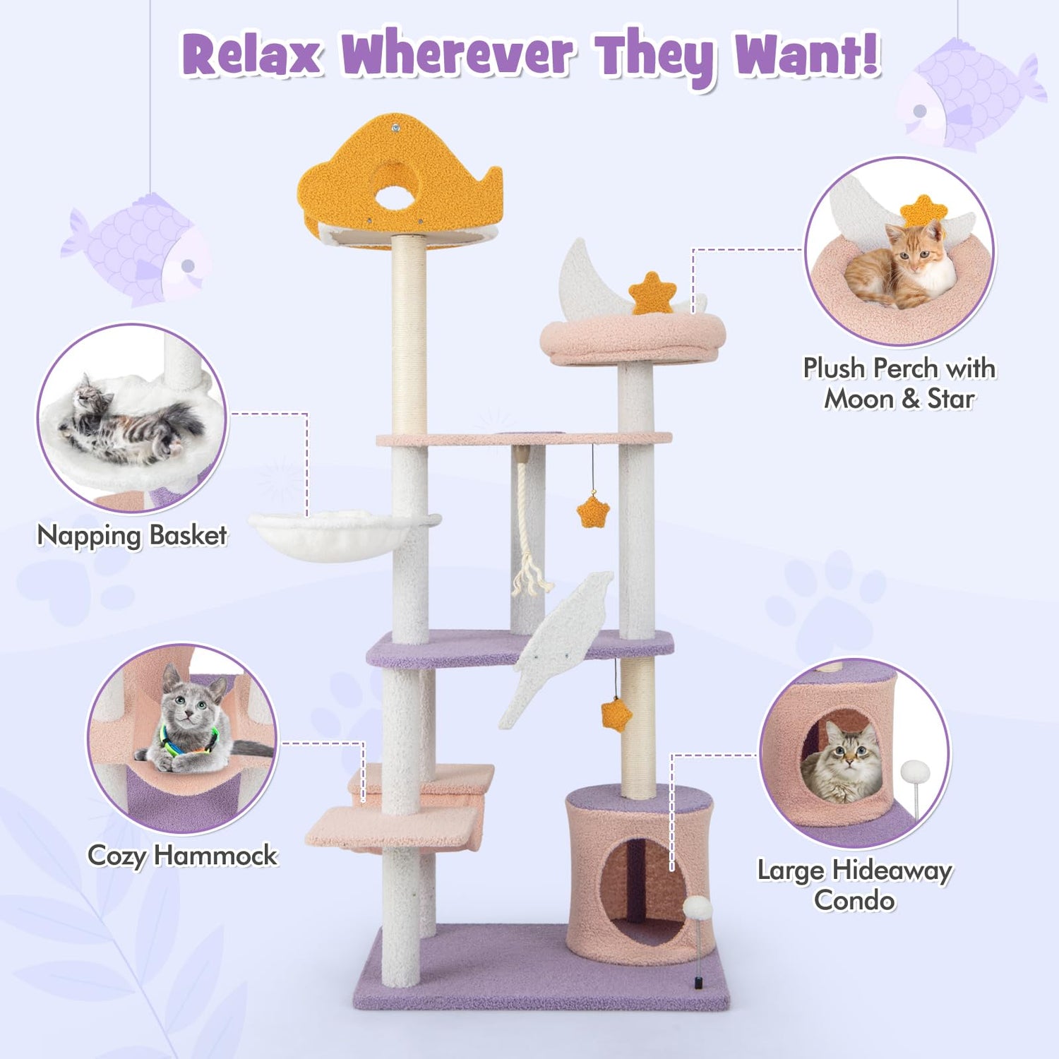 GYMAX Cat Tree & Tower, Modern cat Condo with Scratching Posts & Hammock - 167cm Tall