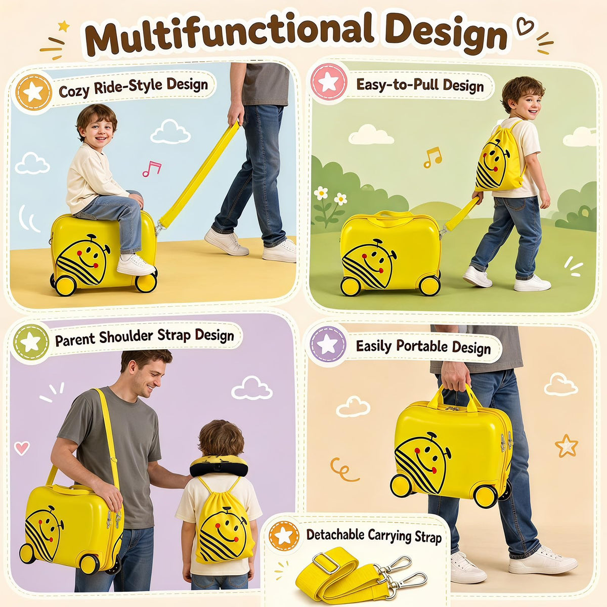 3PCS Kids Luggage Set, Children Backpack and Ride-on Suitcase