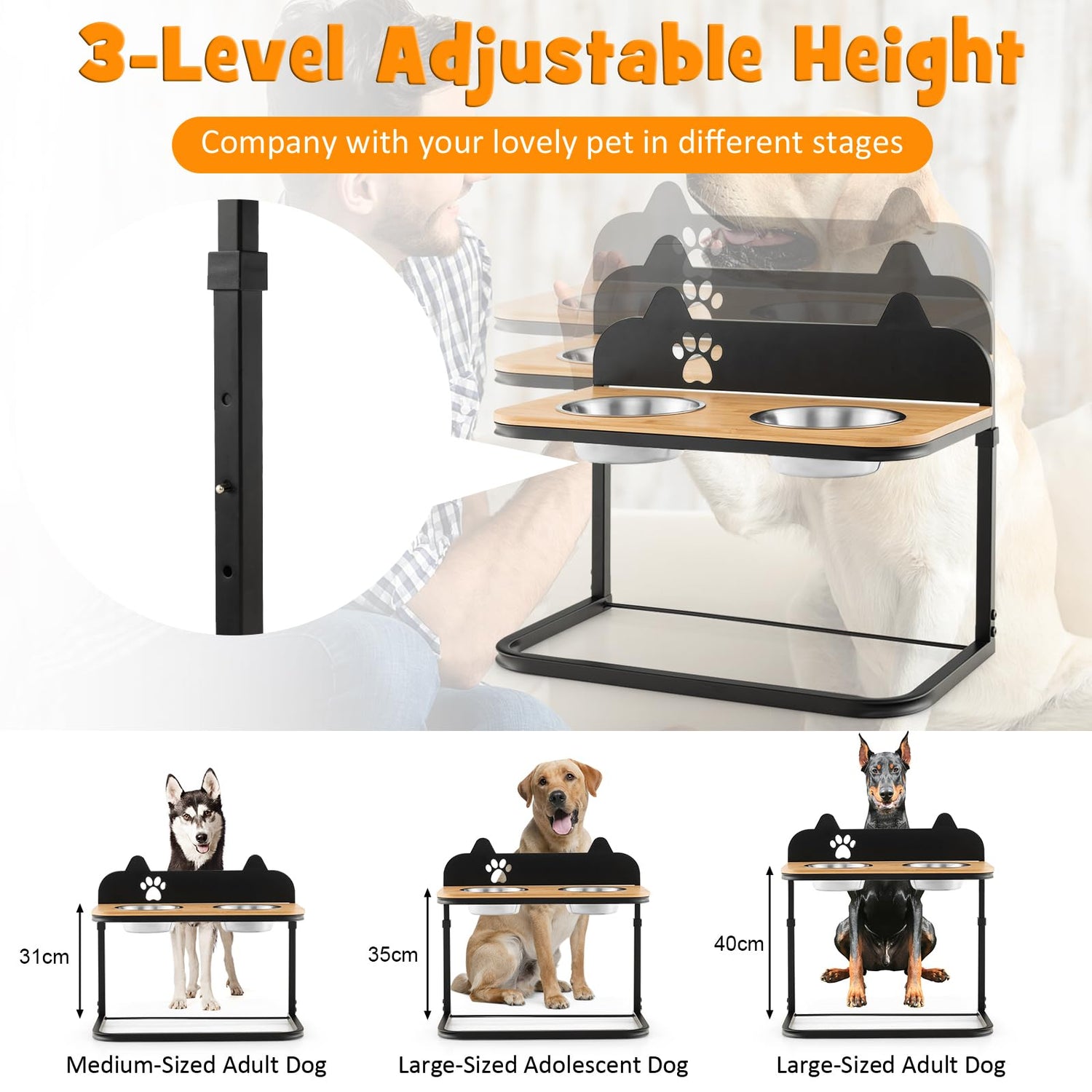 GYMAX Raised Pet Bowl, 3 Height-Adjustable Cat Dog Feeder with 2 Detachable Stainless Steel Bowls (53 x 30 x 44-53cm)