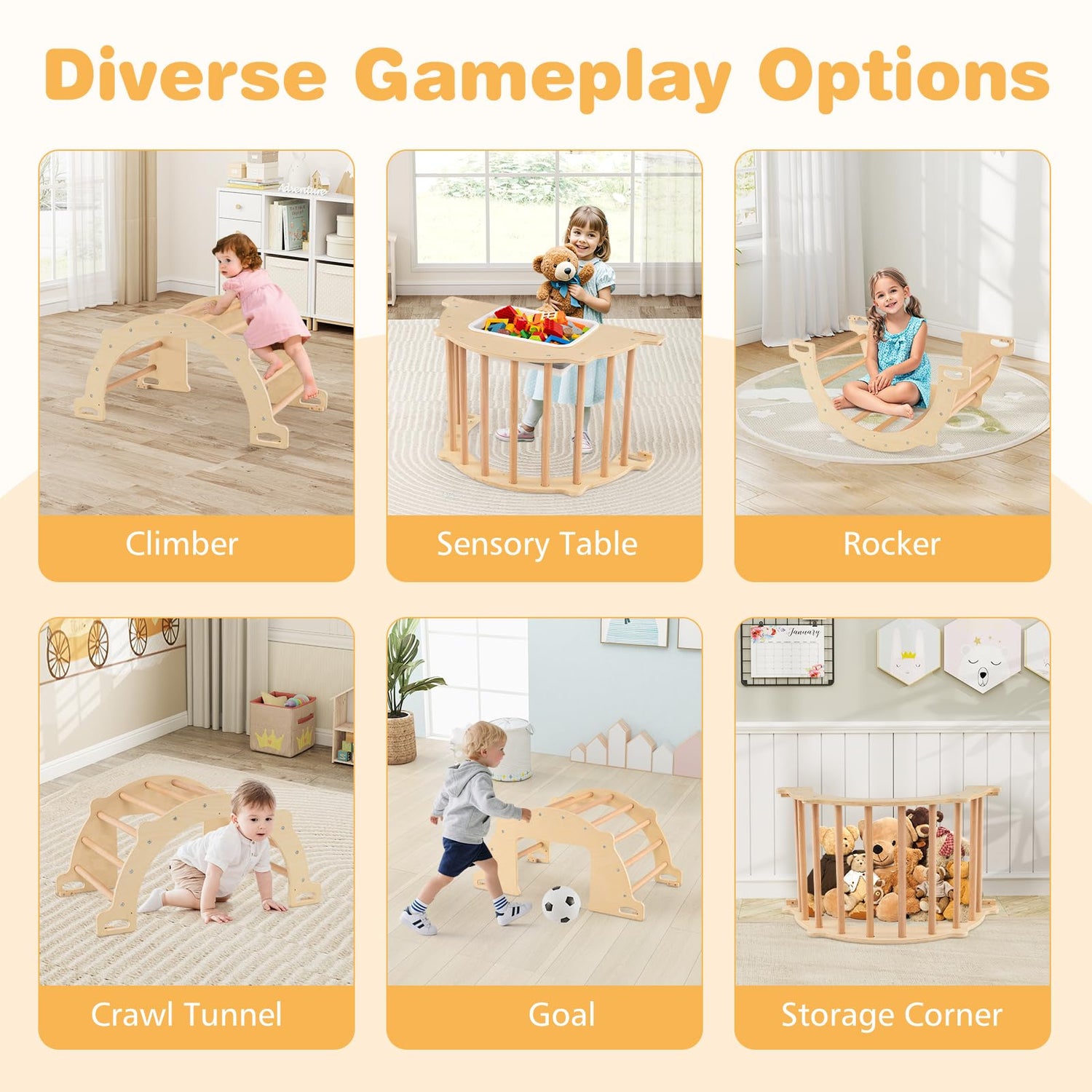 Kids Climbing Arch Sensory Table with Removable Collapsible Storage Bin and Rocker Board