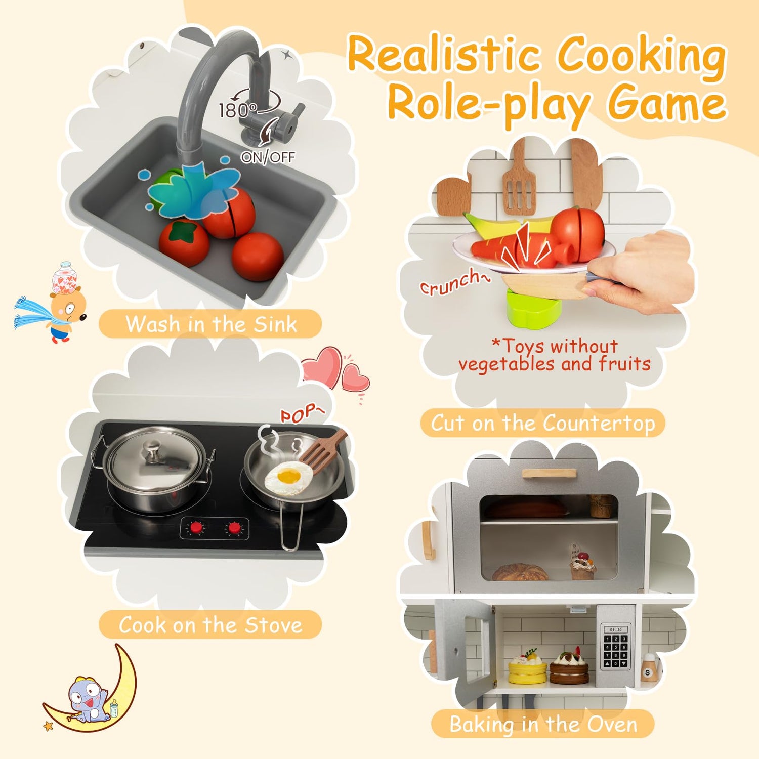 GYMAX Kids Corner Kitchen, Wooden Toy Kitchen with Microwave