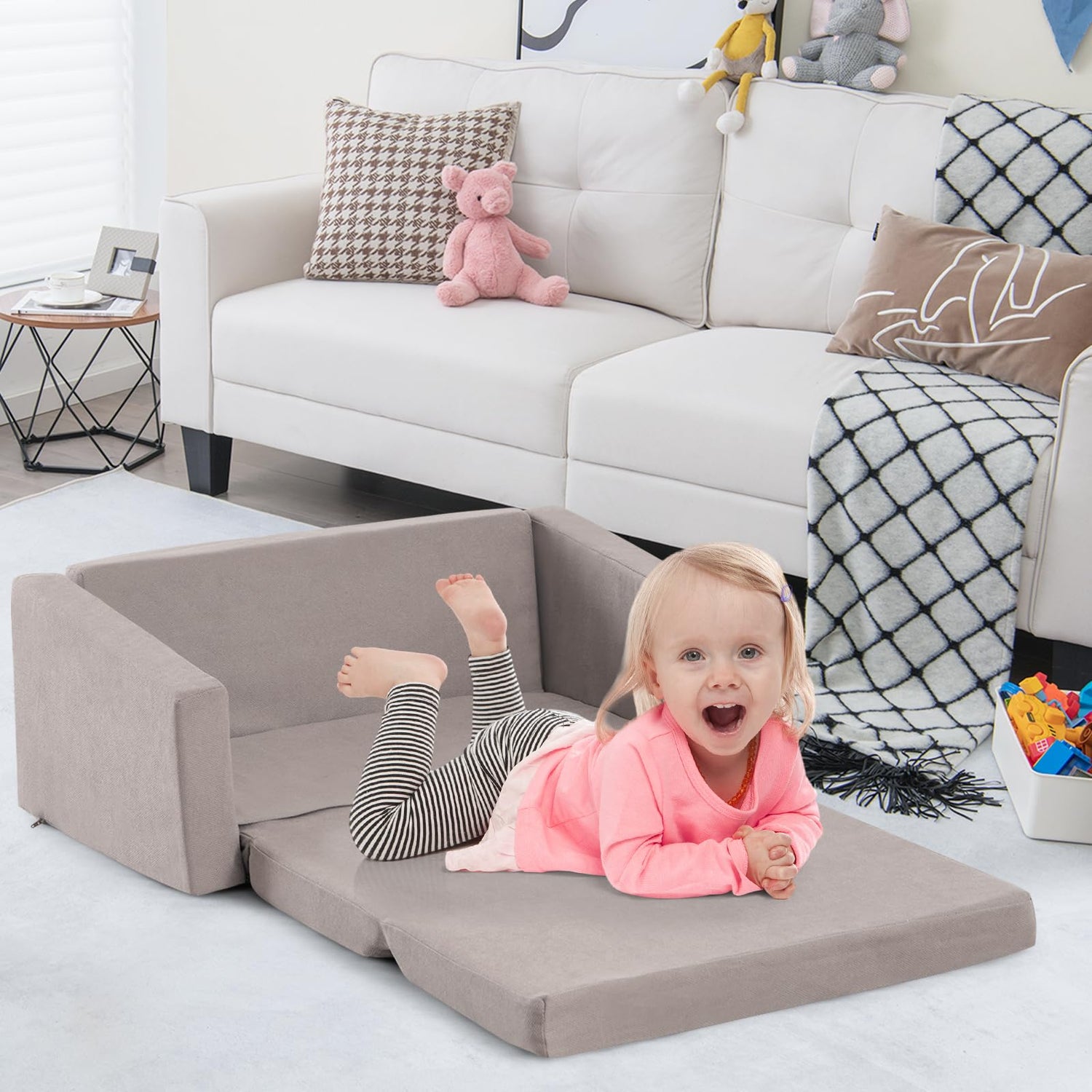 GYMAX 2 in 1 Kids Sofa Chair, Upholstered Children Fold out Couch with Washable Sofa Cover