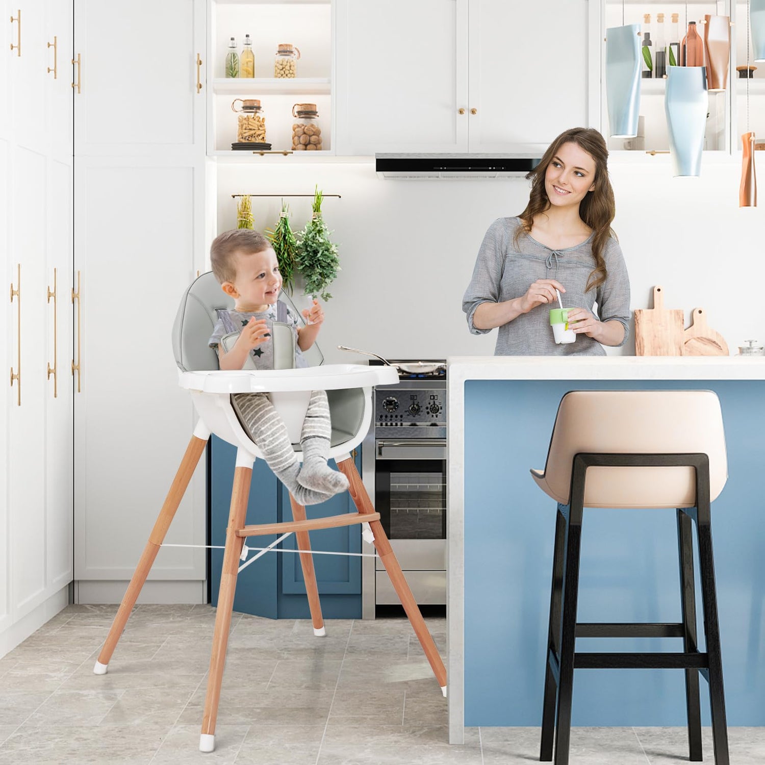 High Chair for Babies and Toddlers, Wooden Baby Highchair