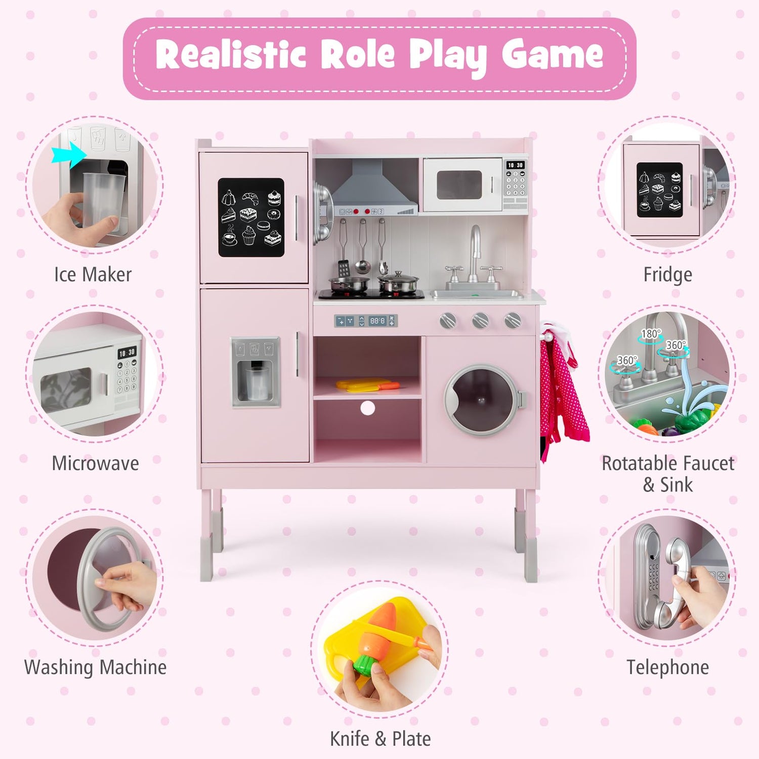 GYMAX Kids Play Kitchen, Wooden Toy Kitchen with Stoves