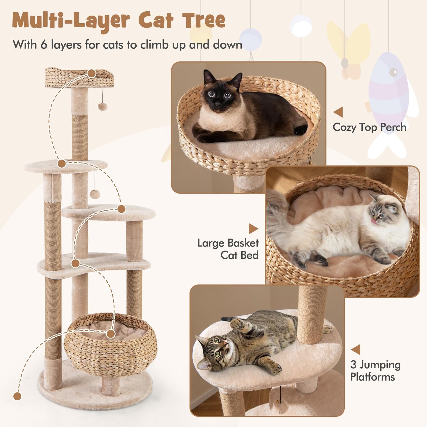 164 cm Cat Tree with Jute Scratching Posts and Dangling Balls