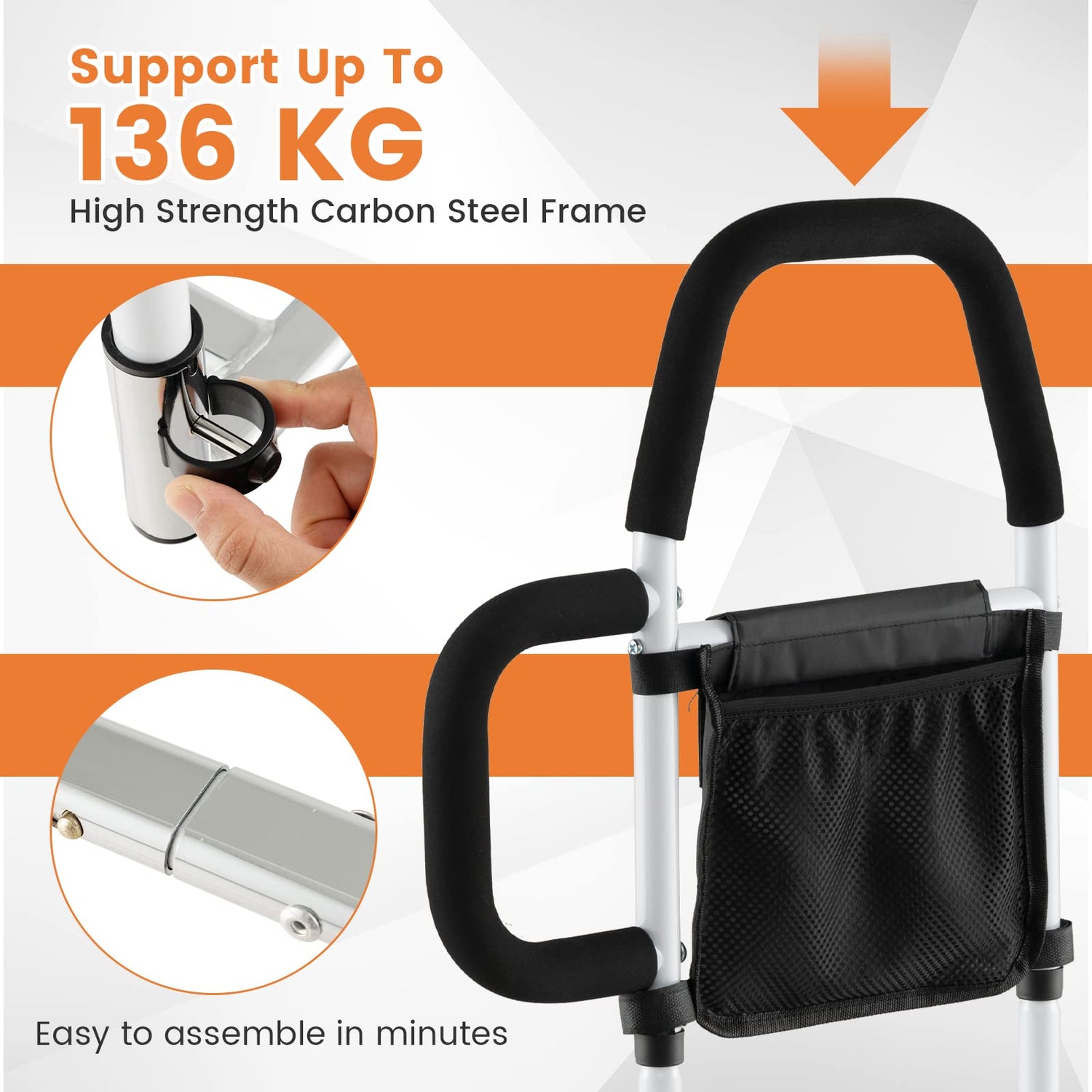 GYMAX Safety Bed Rail, Metal Bedside Assist Rail with Dual Foam Handles