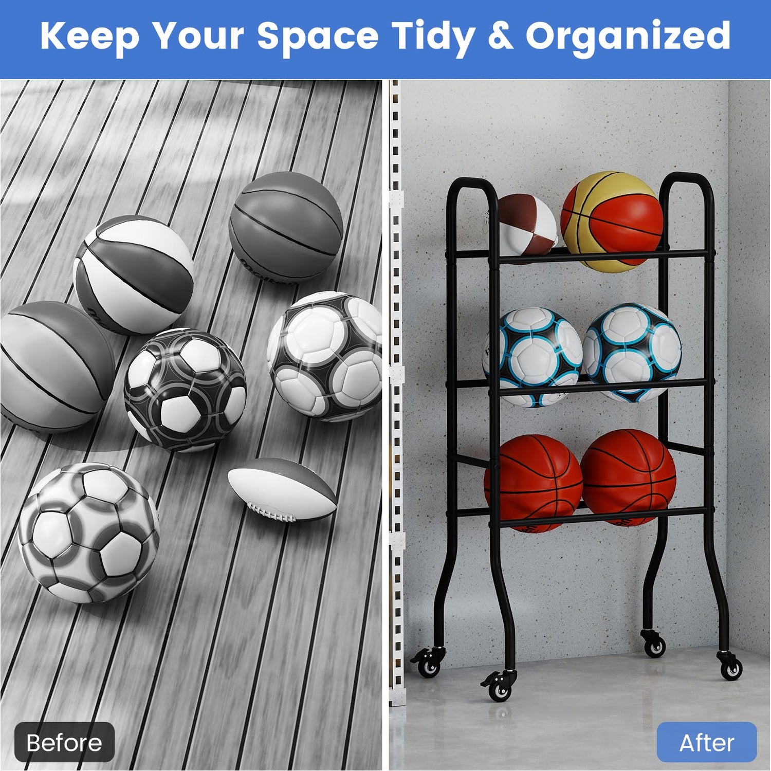 3-Tier Basketball Rack with 4 Universal Wheels and Metal Frame
