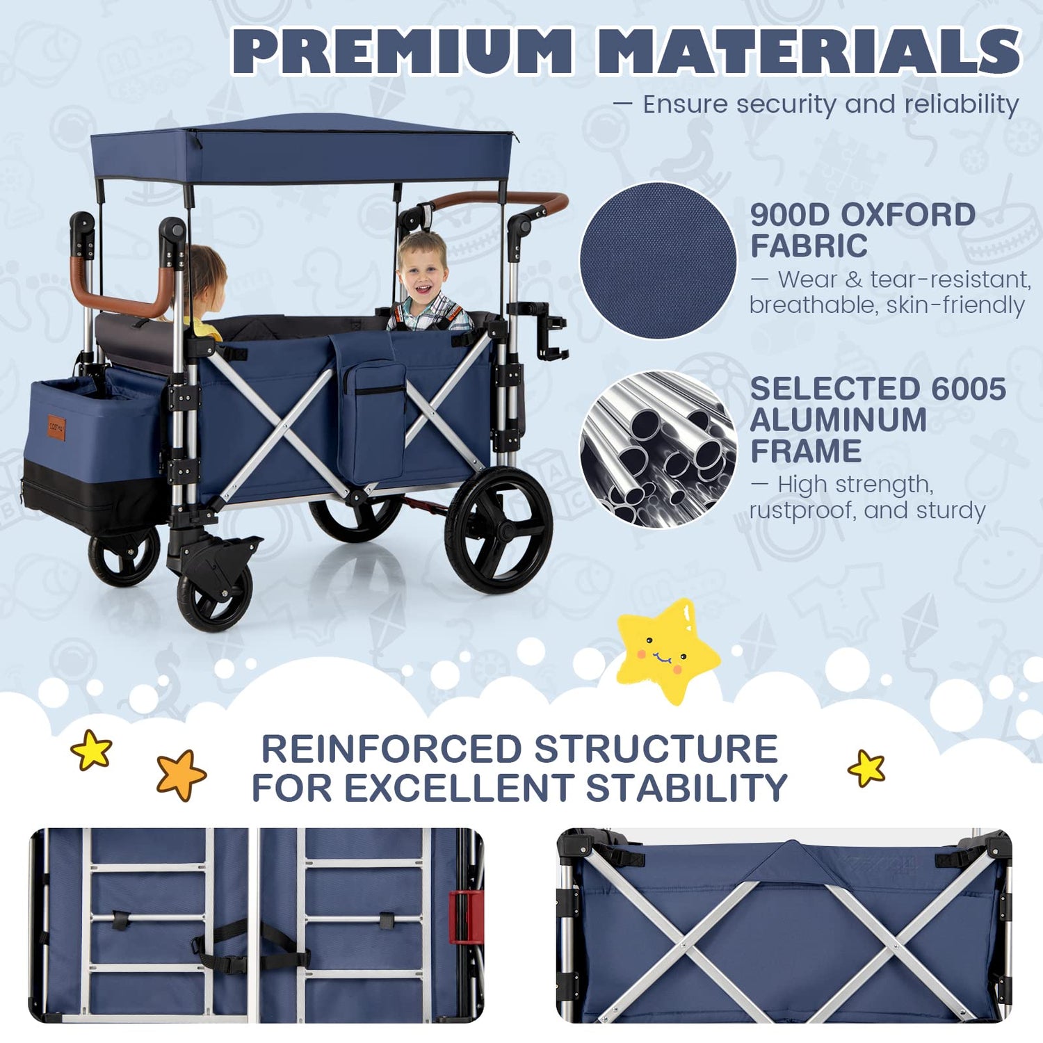 GYMAX Double Stroller Wagon, Portable Baby Strollers with 5-Point Harnesses, Adjustable Push Handle, Removable UV-Protection Canopy