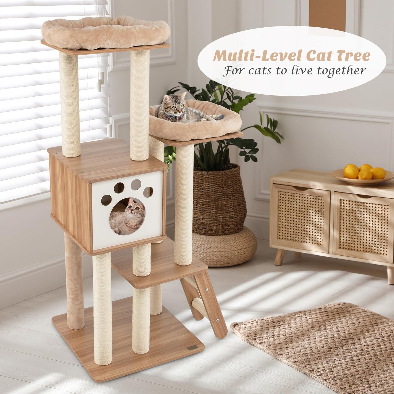GYMAX Wooden Cat Tree Indoor Plush Cat Tower