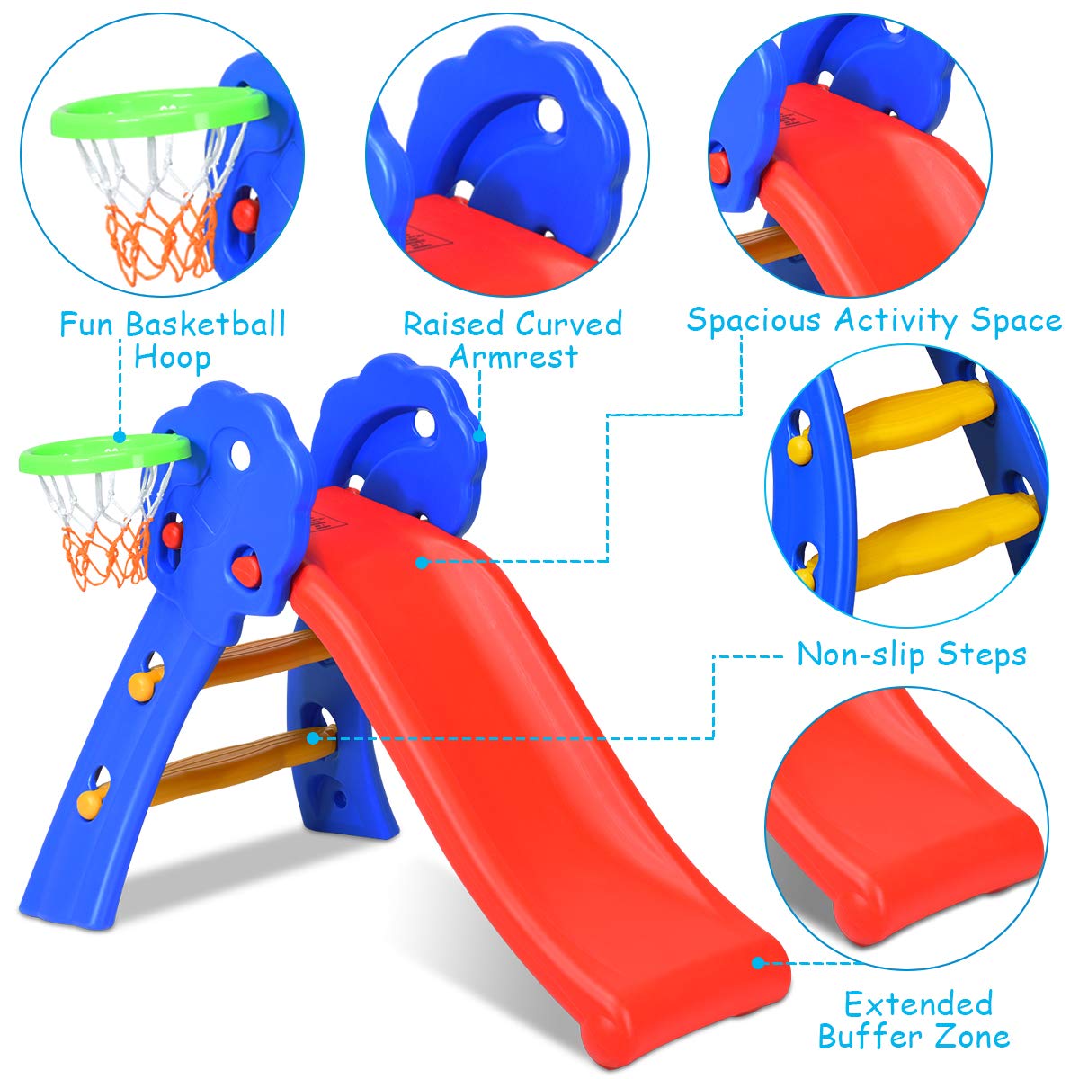 GYMAX Kids Folding Slide, Freestanding Plastic Toy with Climb Steps (Slide with Basketball Hoop)
