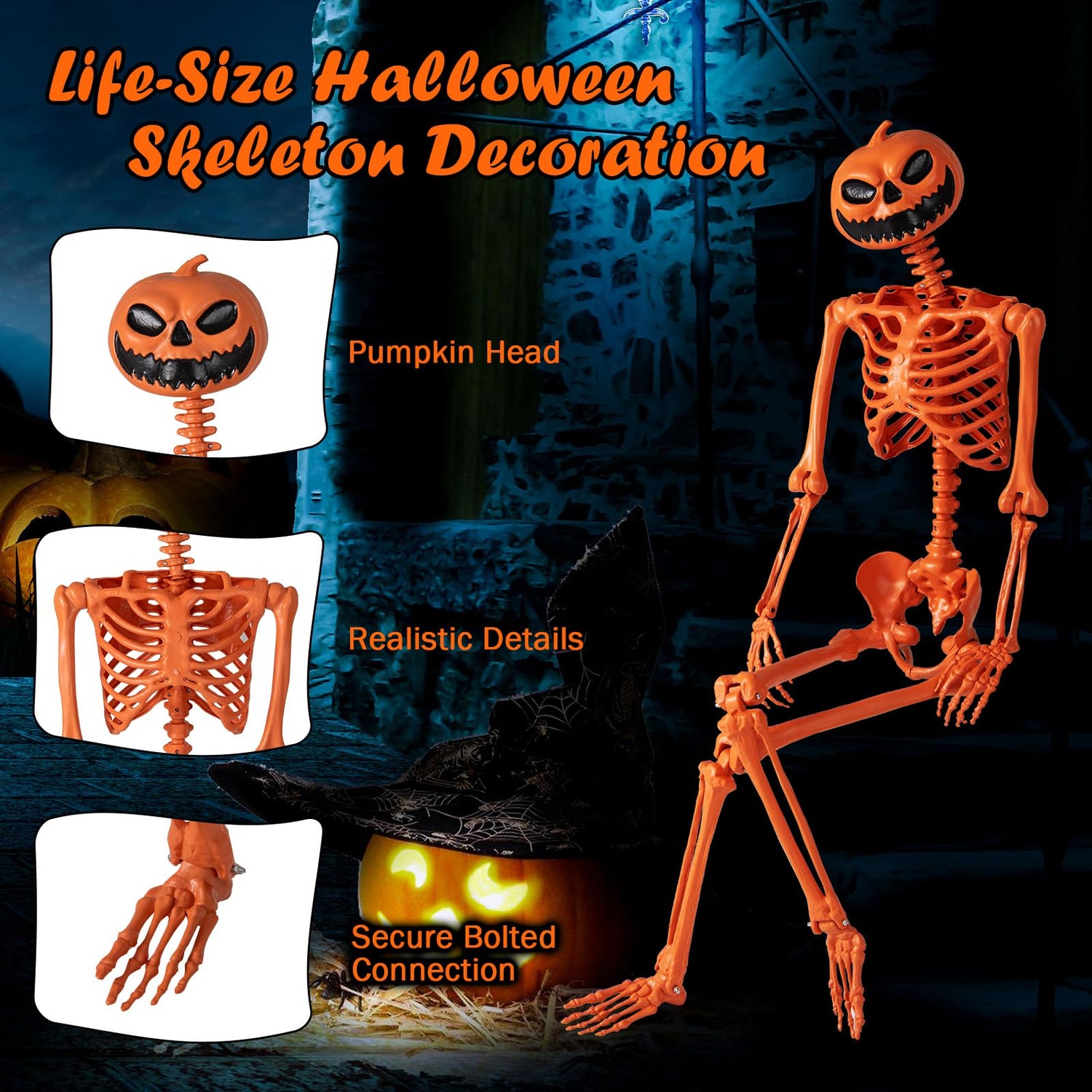 Orange Halloween Skeleton with Pumpkin Head and Movable Joints