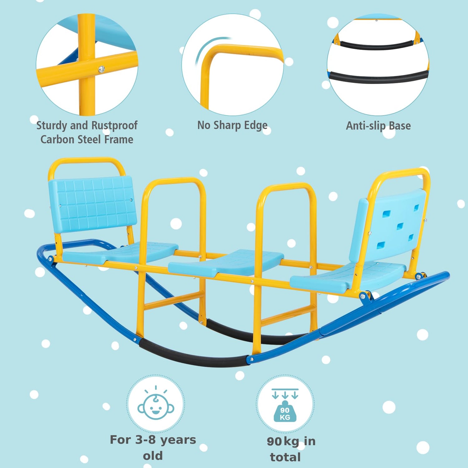 GYMAX 3 Kids Seesaw, Children Metal Rocker with 3 Seats & Handlebars, Indoor Outdoor Teeter Totter for 3-8 Years Old (Yellow+Blue)