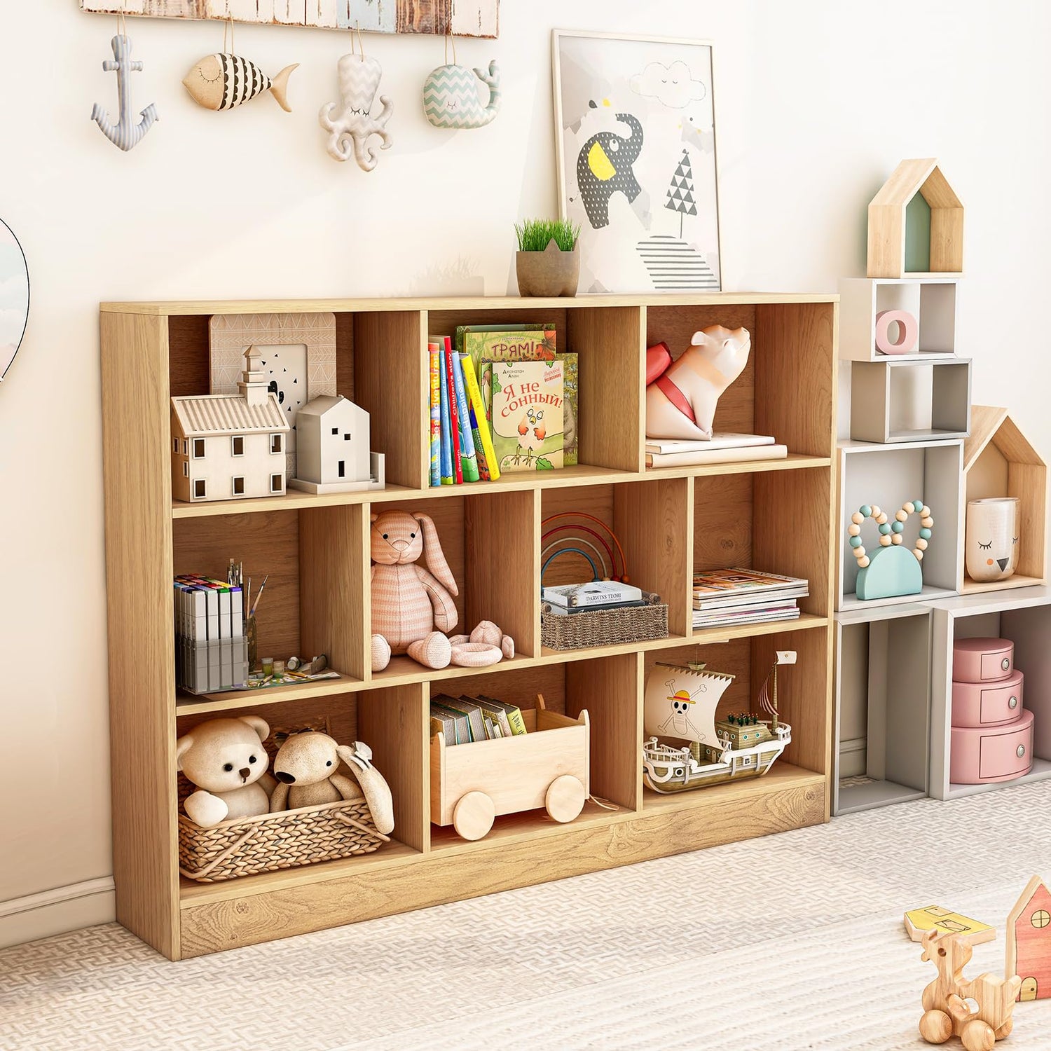 GYMAX 140 x 24 x 104cm 3-Tier Children Bookshelf with 2 Anti-Tipping Kits