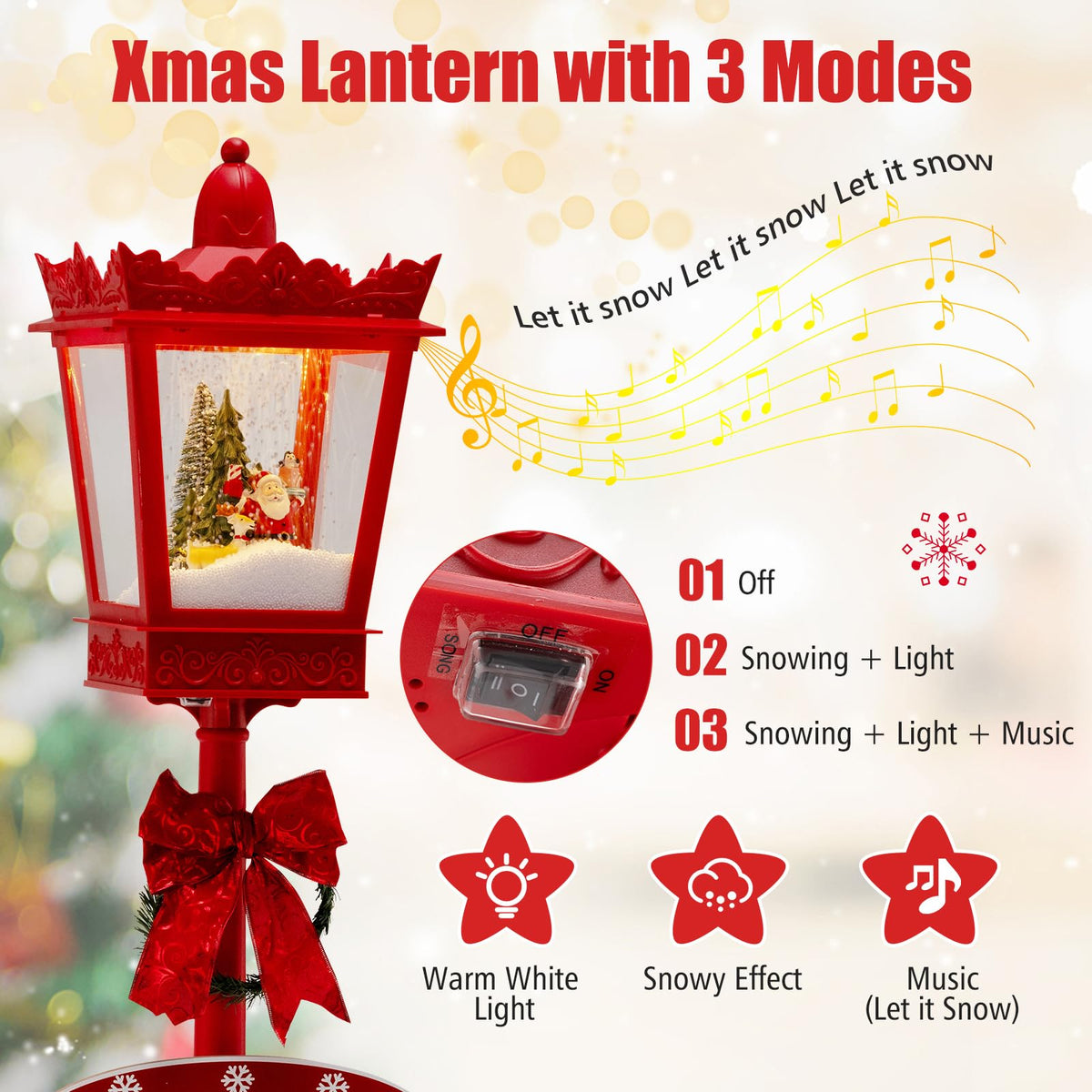 8 ft Musical Christmas Streetlight Xmas Lamp Post with Warm White LED Lights and Snowy Effects