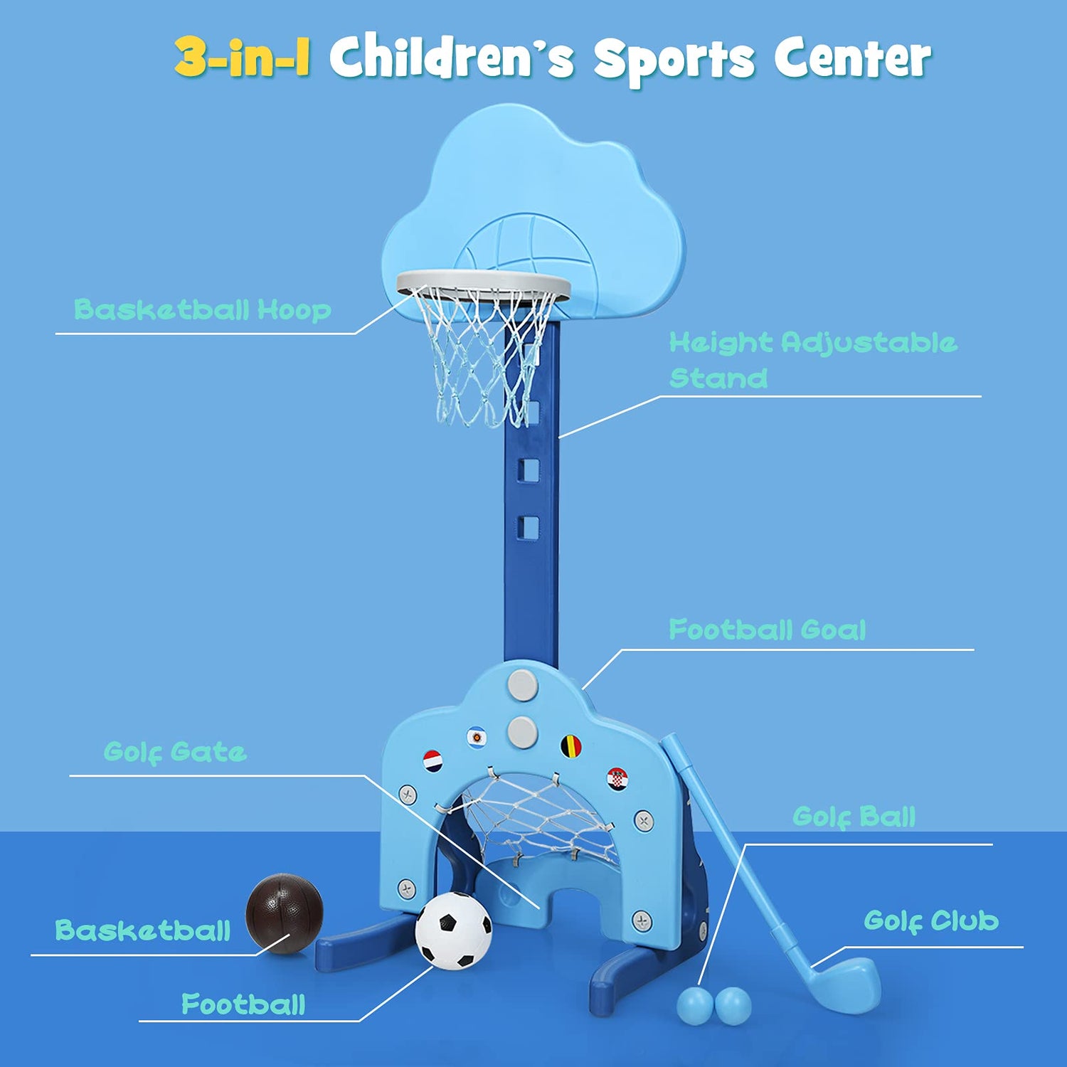 GYMAX 3-IN-1 Kids Basketball Stand, Basketball Hoop Set with Soccer and Golf Play