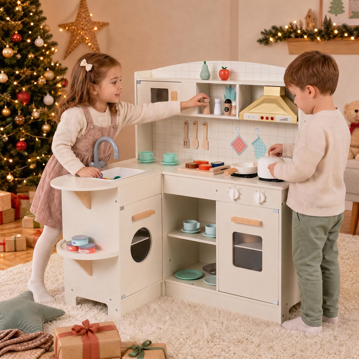Kids Corner Play Kitchen, Wooden Toy Kitchen with Stoves, Lights