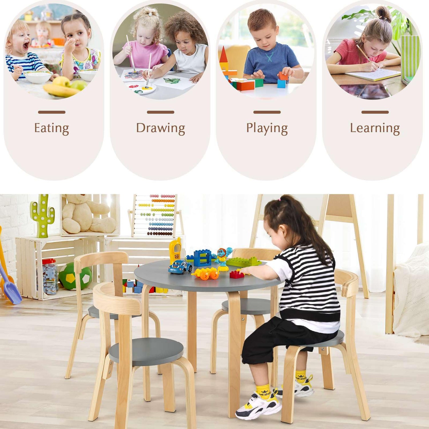 GYMAX Kids Table and 4 Chair, Children Activity Desk with 4 Chairs
