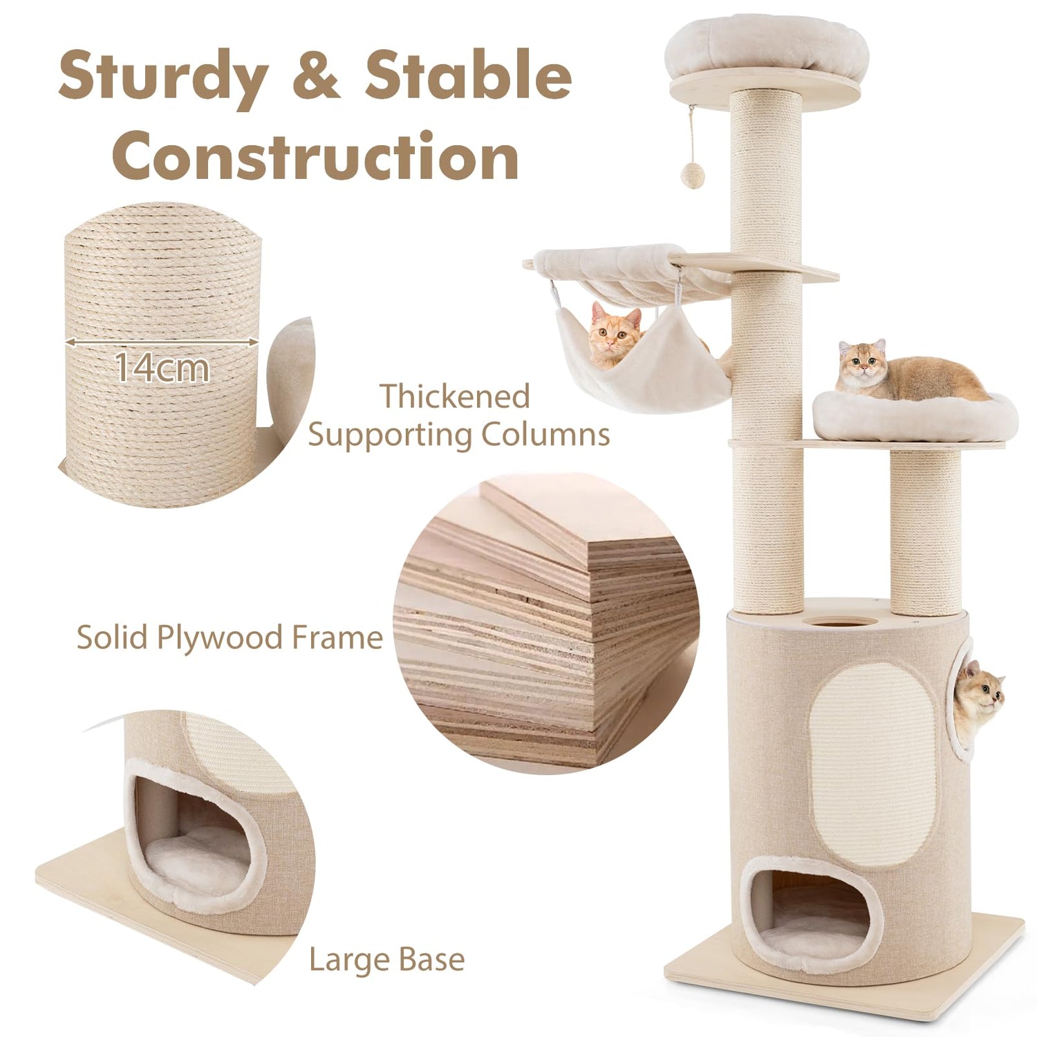 GYMAX Wooden Cat Tree, 187cm Cat Climbing Tower with 2-Story Cat Condo, 2 Hammocks, 2 Perches
