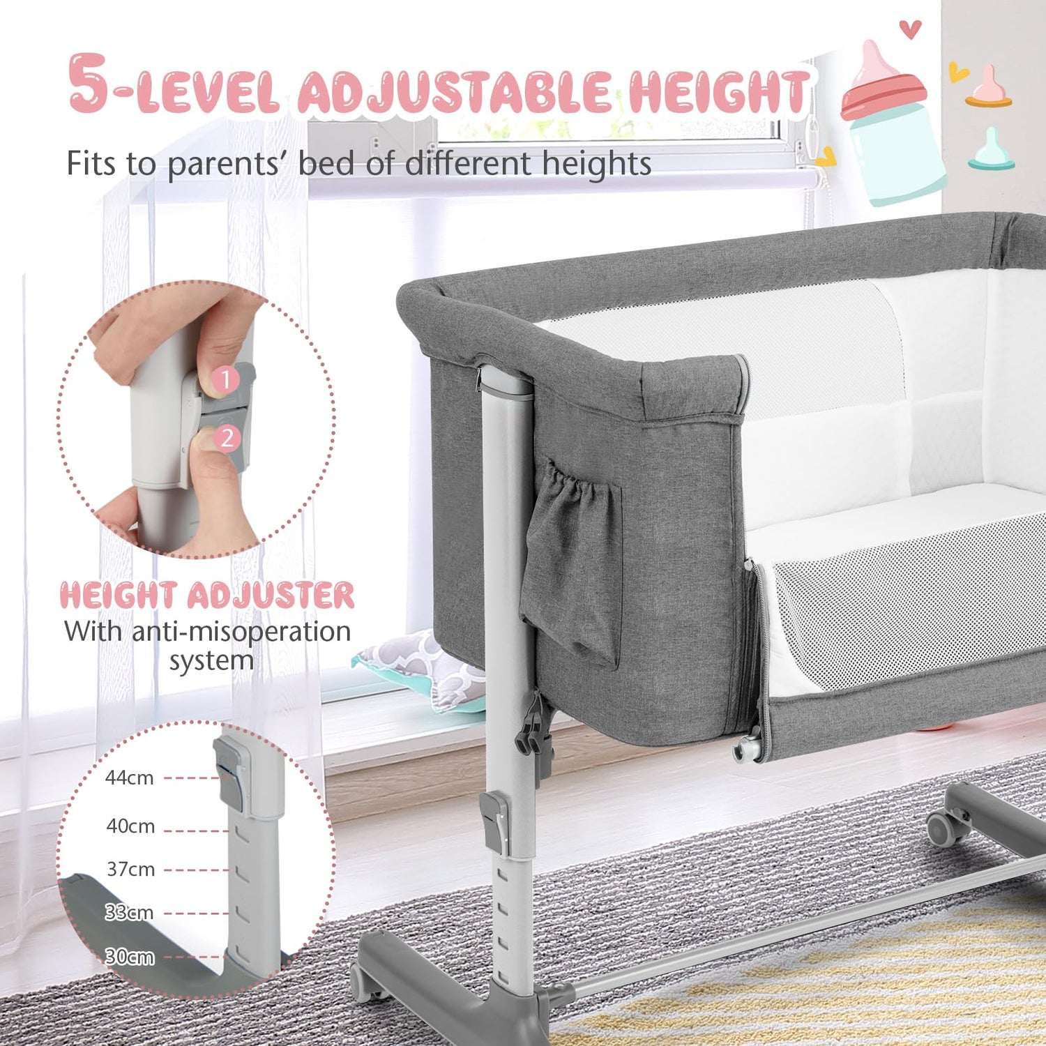 GYMAX 3-in-1 Baby Beside Crib, Height & Angle Adjustable Side Bassinet