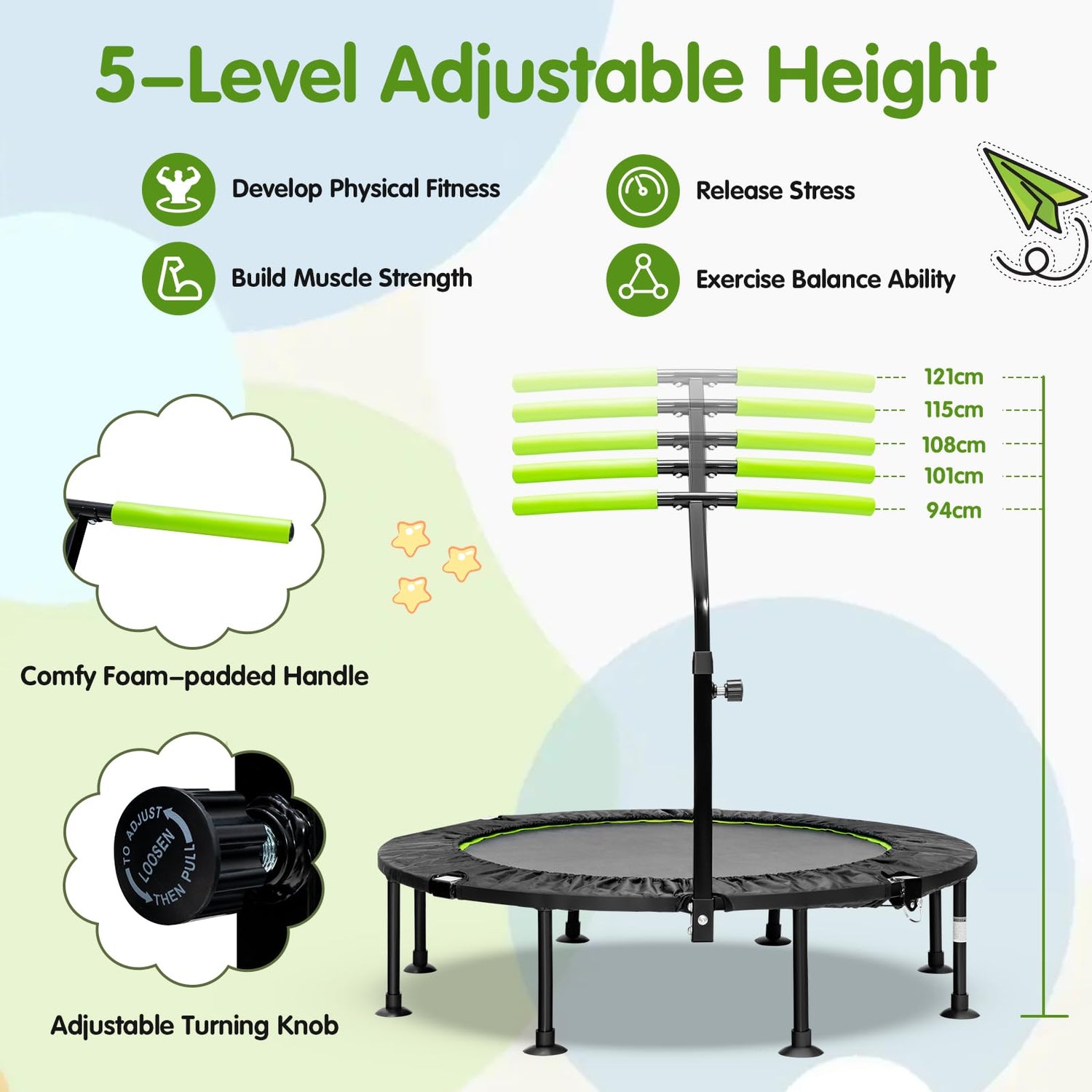 GYMAX 45'' Kids Trampoline, Foldable Fitness Rebounder with Adjustable T-Shaped Handrail