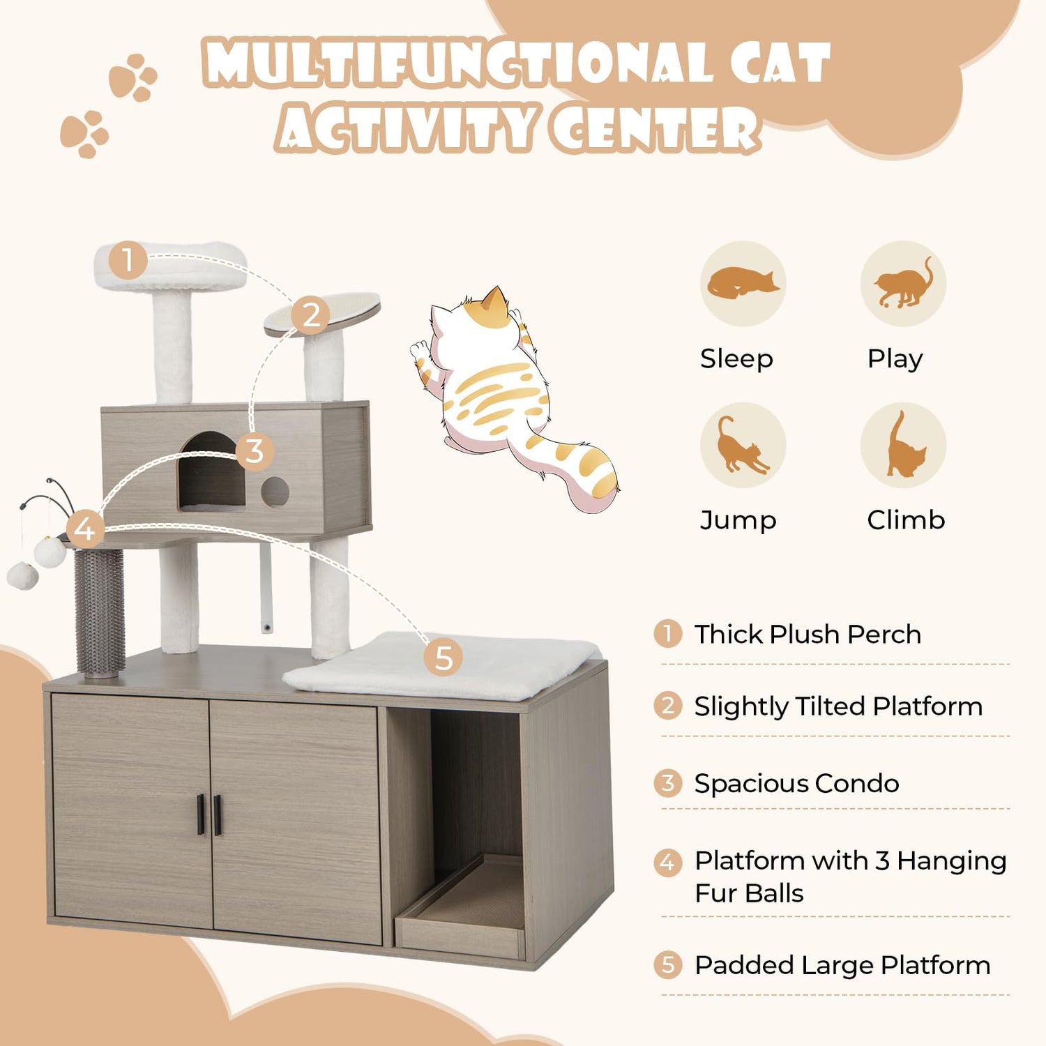 GYMAX Cat Tree with Litter Box Enclosure Wooden Cat House Furniture
