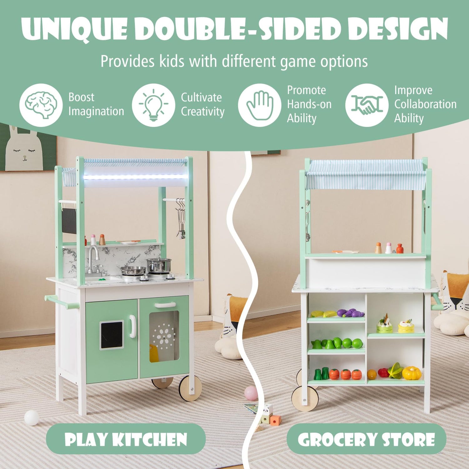 GYMAX 2 in 1 Kids Play Kitchen, Lighted Toy Kitchen and Grocery Store with Remote Control, Adjustable Brightness