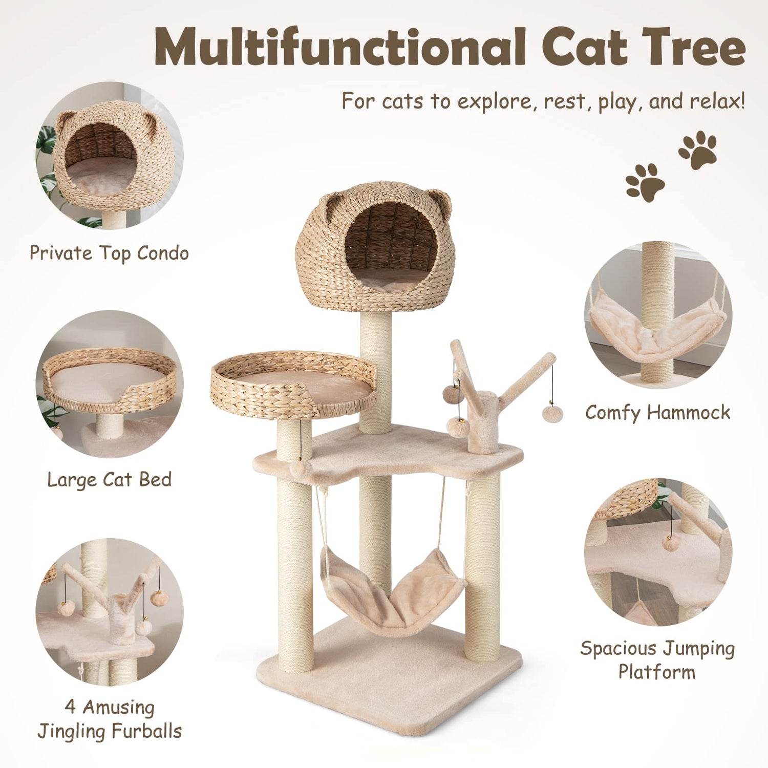 GYMAX Cat Tree, 121cm Tall Cat Tower with Condo