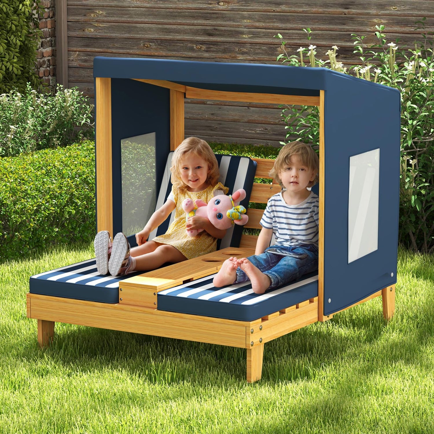 GYMAX Kids Double Sun Lounger, 2-Seater Garden Lounge Chair with Canopy