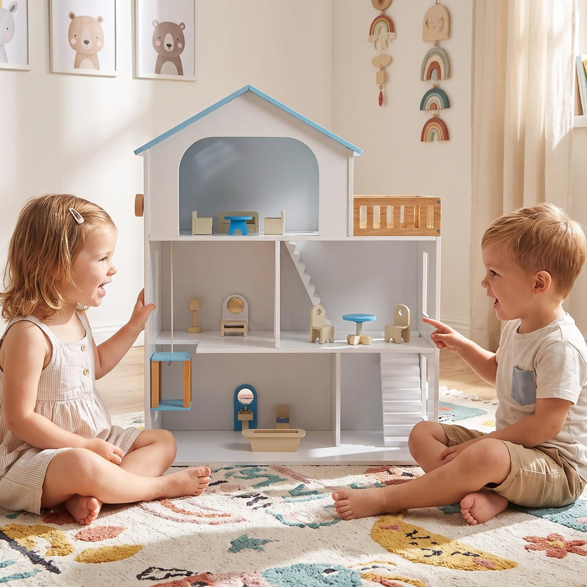 Large Kids Dollhouse, 3-Storey Wooden Doll House with 5 Rooms