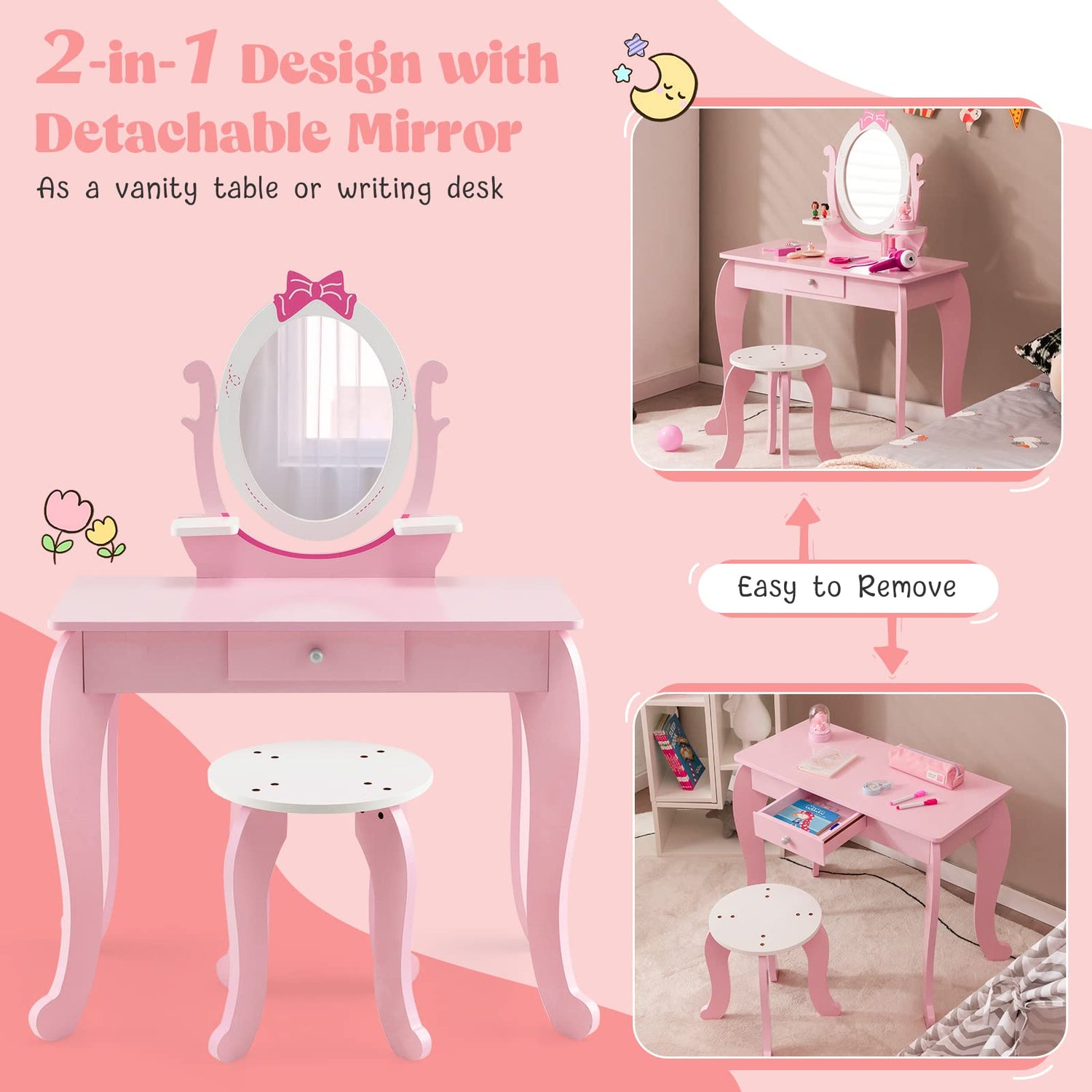 GYMAX Kids Dressing Table and Stool Set