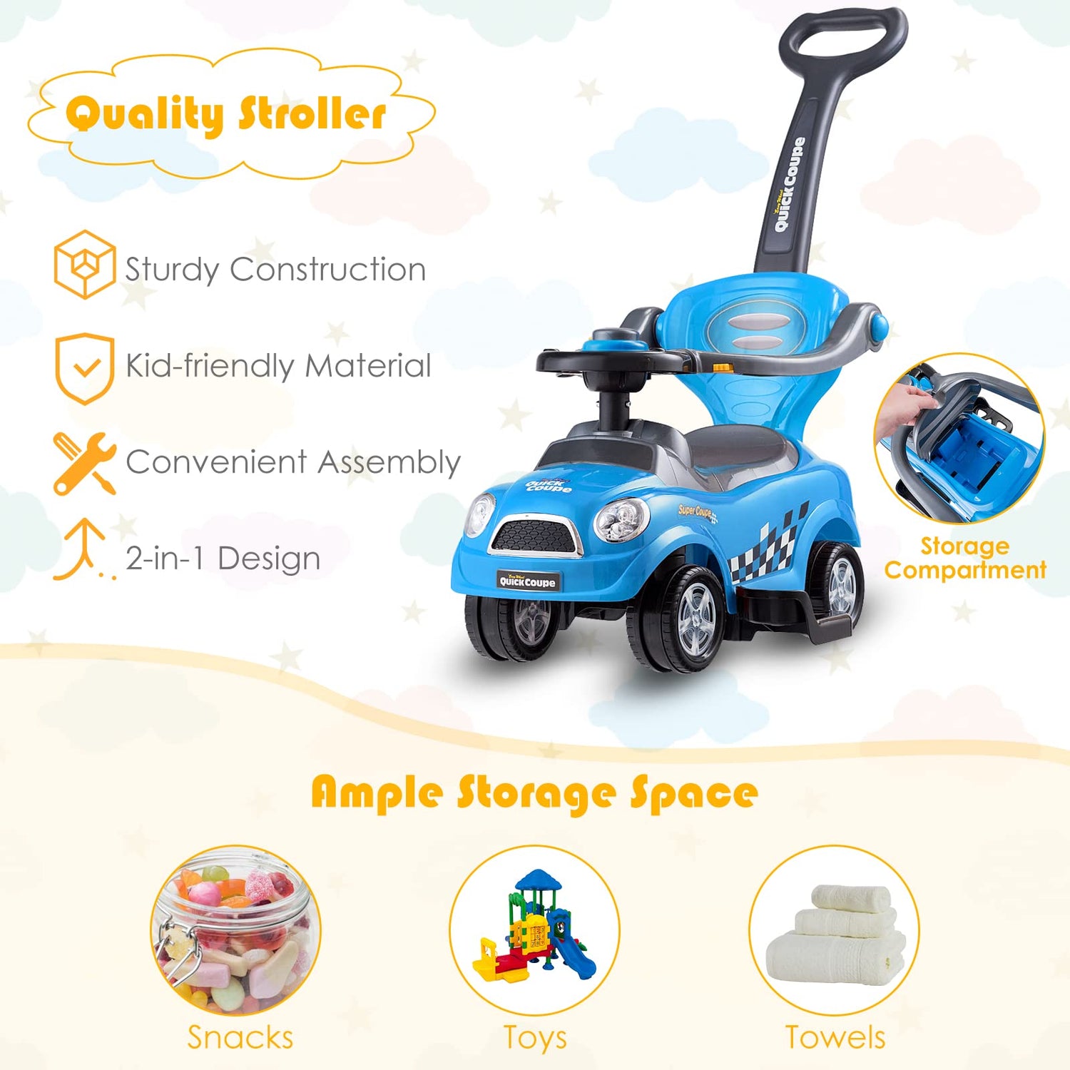 GYMAX 3 in 1 Ride on Push Car, Kids Licensed Push Along Car with Handle for 2-6 Years Old Toddler (Blue)