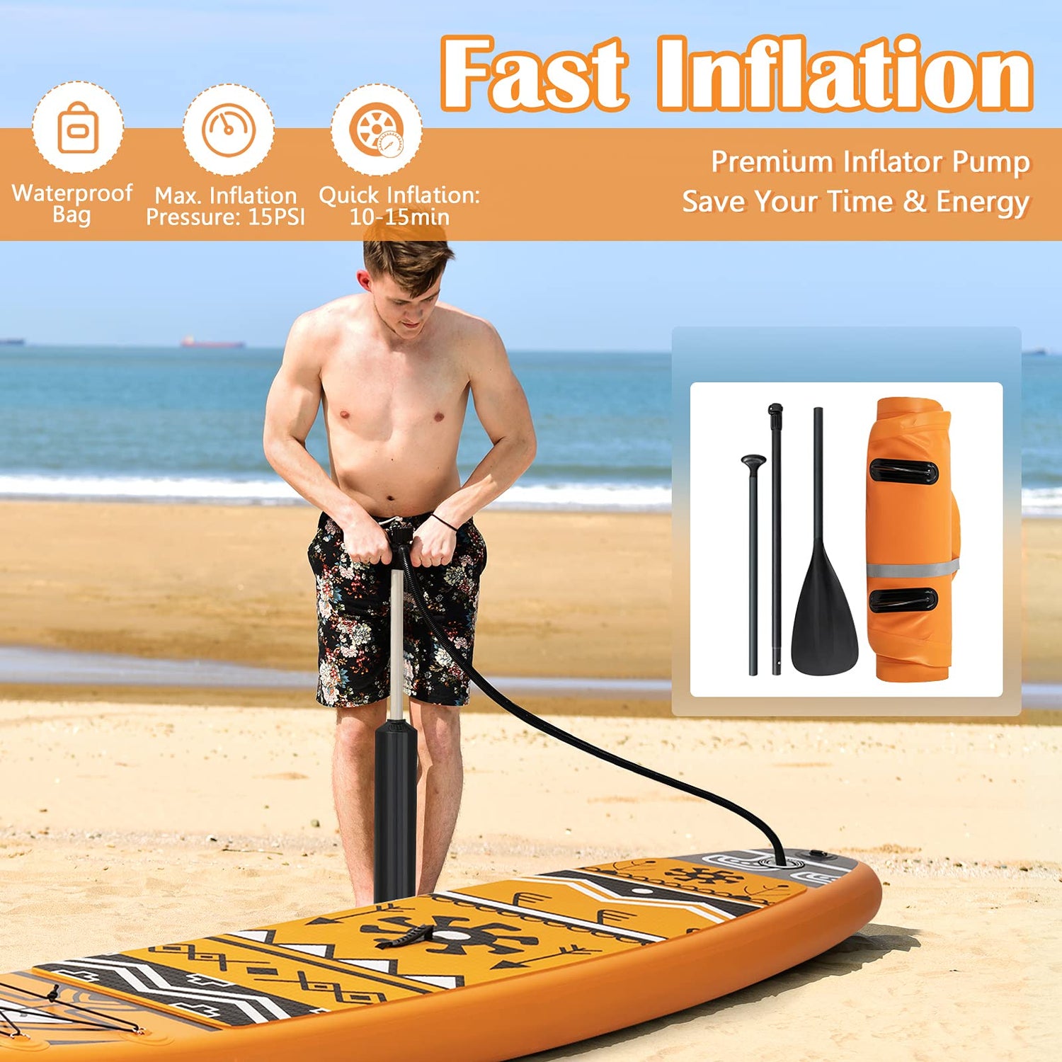 GYMAX Inflatable Paddle Board, 6" Thick Stand Up SUP Paddleboards with Non-Slip Deck, 320 x 76 x 15cm