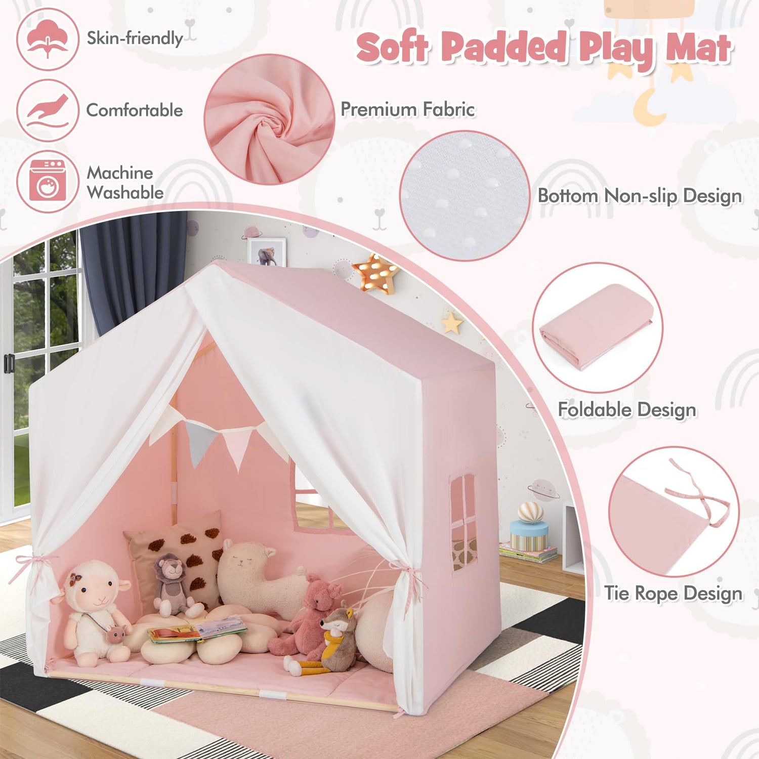 GYMAX Kids Tent, Large Play Tent with Washable Cotton Mat, Windows & Flag Banner