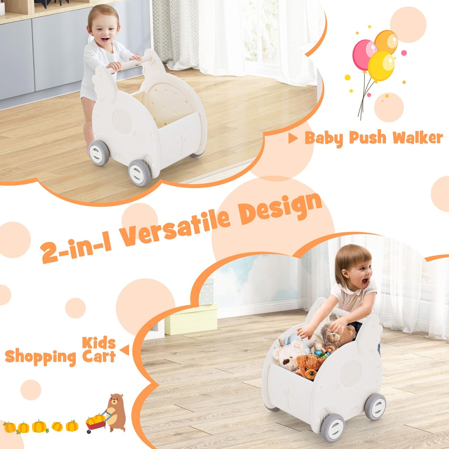 GYMAX Baby Push Walker, 2-in-1 Baby Learning Walker