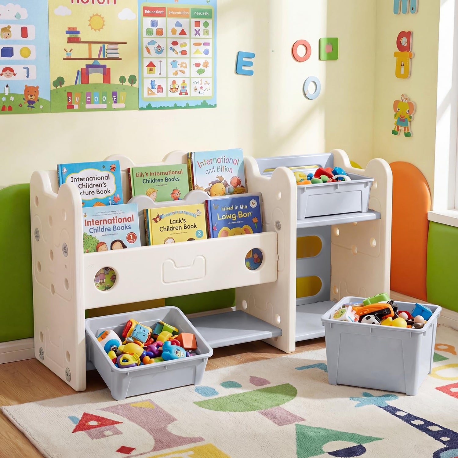 Toy Storage Unit, Kids Bookshelf with Removable Boxes and Storage Shelves
