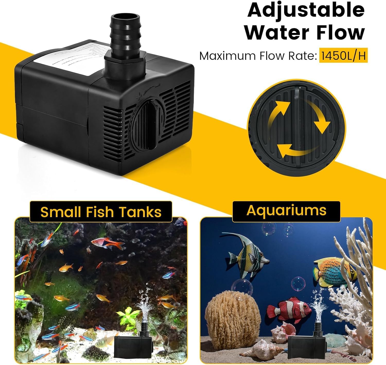 GYMAX Submersible Pump, Ultra Quiet Fountain Water Pump with 2m Power Cord, 2.5m High Lift & 3 Nozzles (1450L/H, 30W)