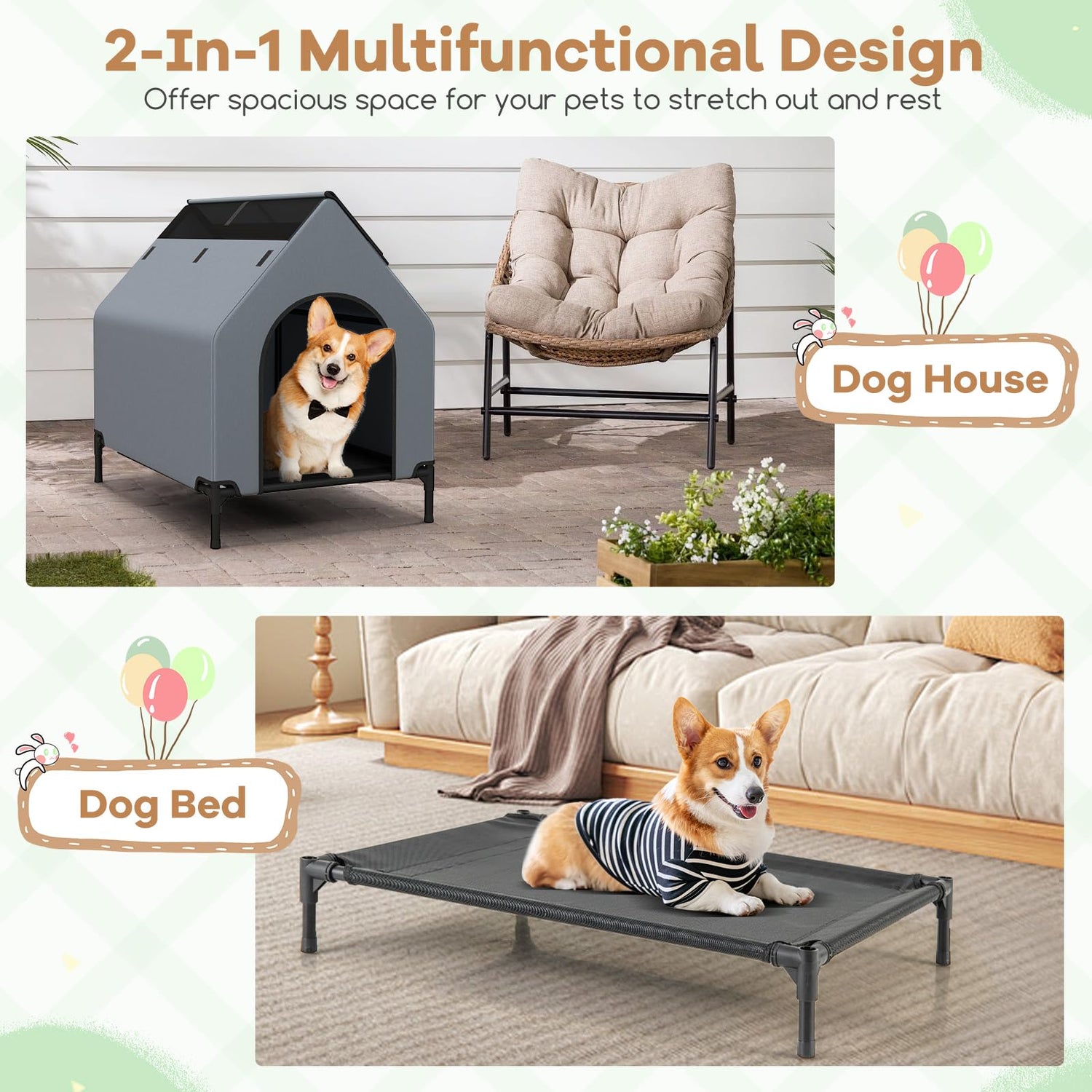 GYMAX Dog House, 2 in 1 Elevated Dog Bed with Weatherproof 600D Oxford Canopy and 2 Top Windows