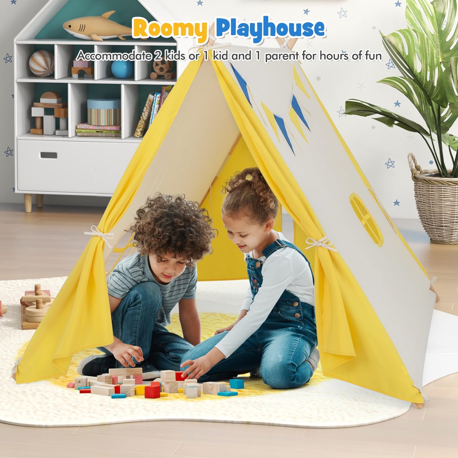 GYMAX Kids Play Tent, Wooden Children Large Playhouse Tent