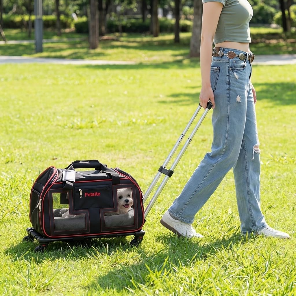 Pet Carrier on Wheels, Foldable Rolling Pet Travel Bag