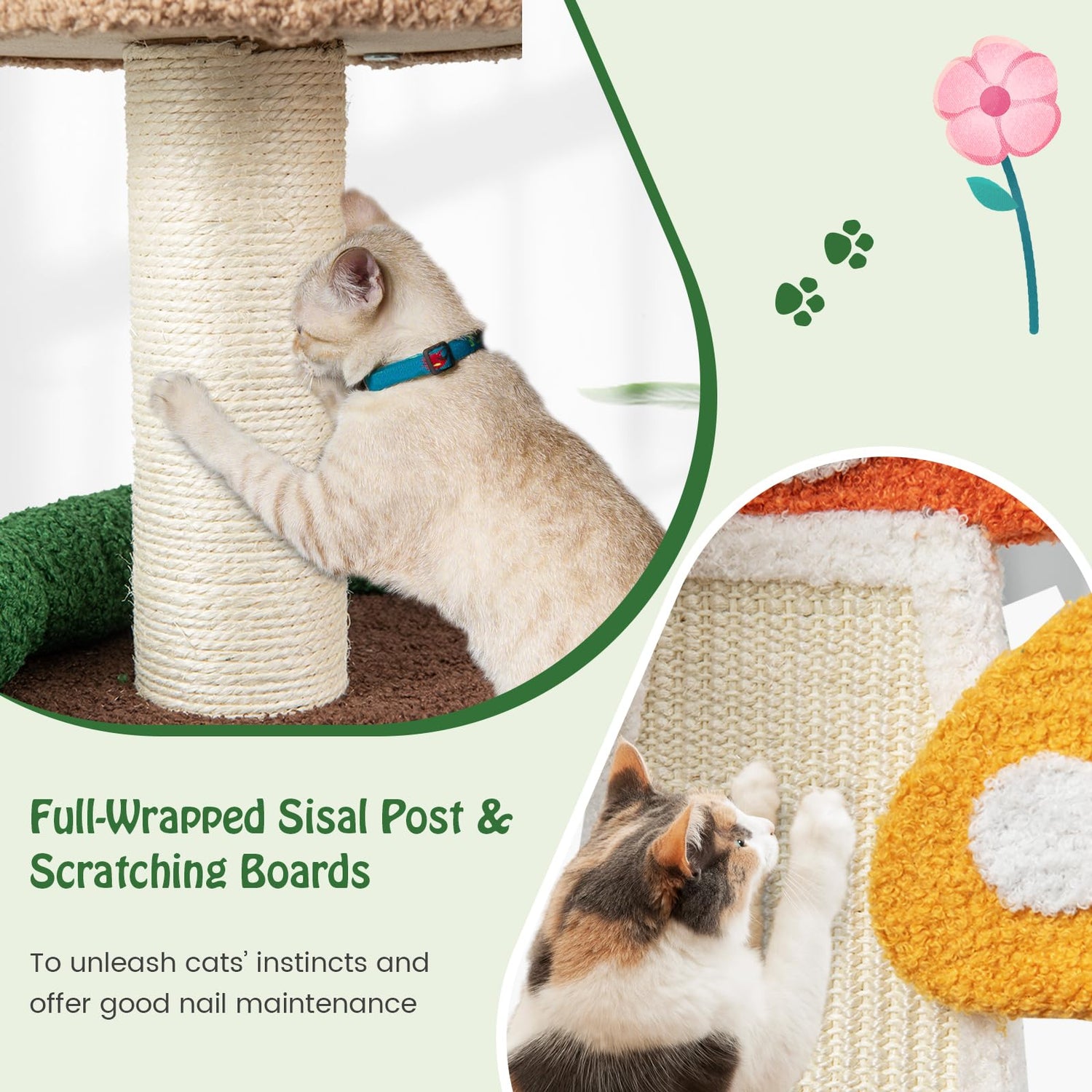 GYMAX Cat Tree, Mushroom Cat Tower with Condo, Platform, Scratching Posts, Sisal Board (59 x 48 x 102cm)
