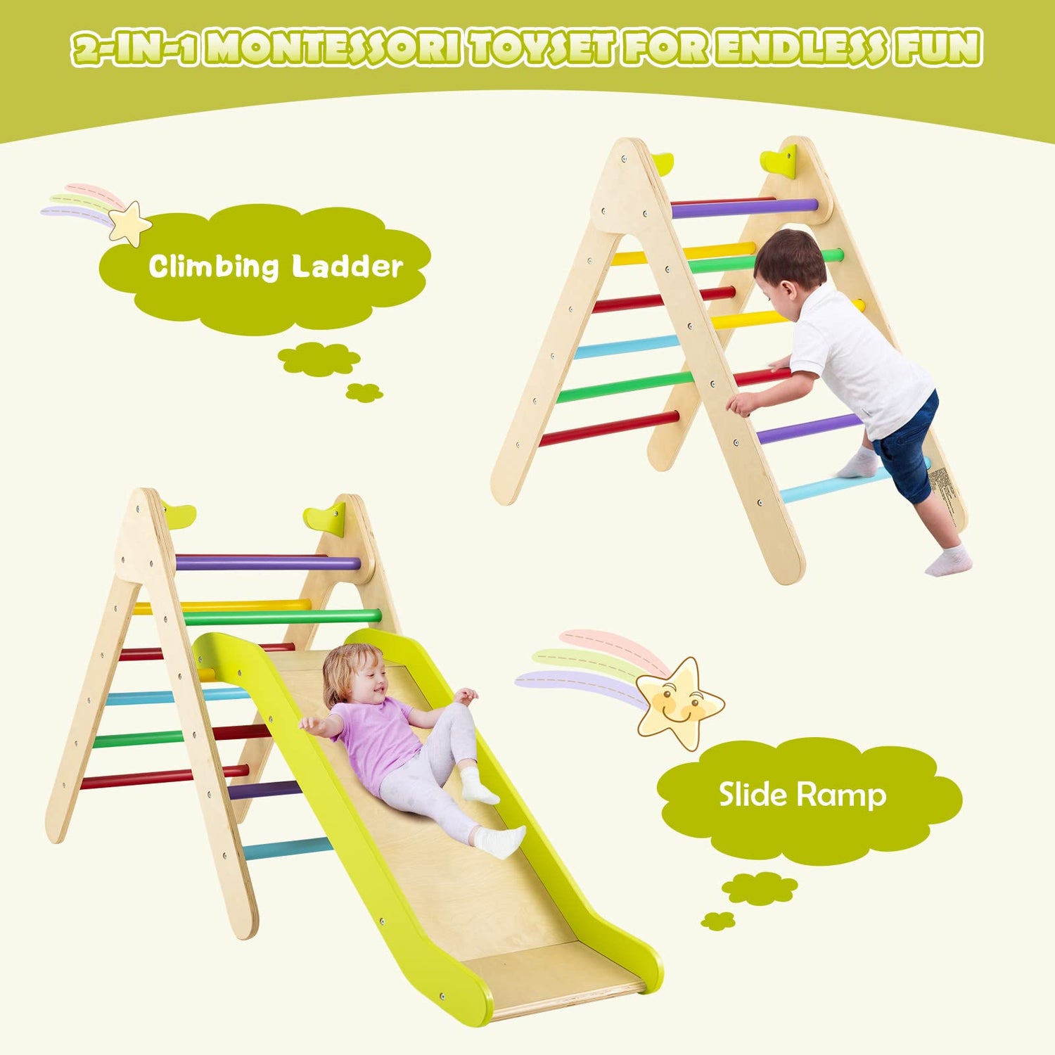GYMAX 2 in 1 Kids Climbing Set, Wooden Toddler Climber with Slide, Outdoor Indoor Montessori Climbing Toys