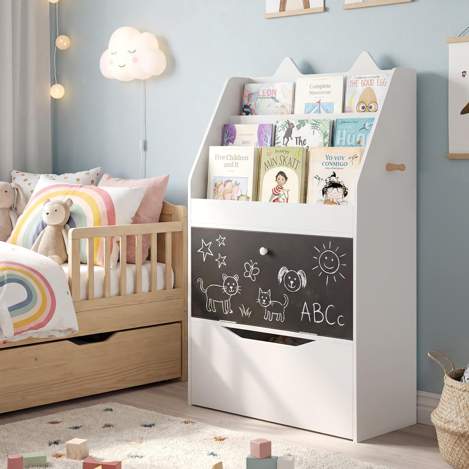 Kids Bookshelf, Wooden Children Bookcase with Chalkboard