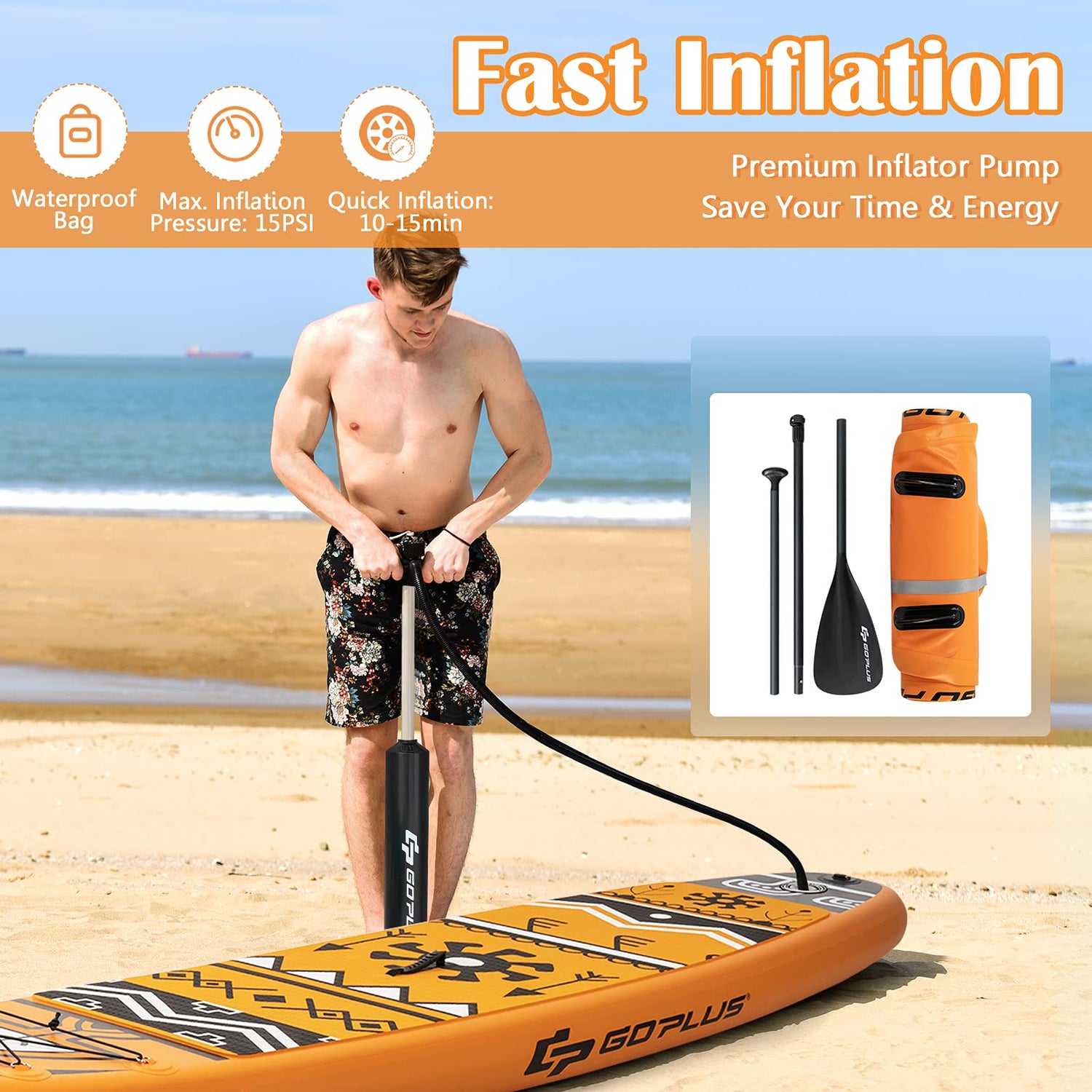 GYMAX Inflatable Paddle Board, 6" Thick Stand Up SUP Paddleboards with Non-Slip Deck, 335 x 76 x 15cm