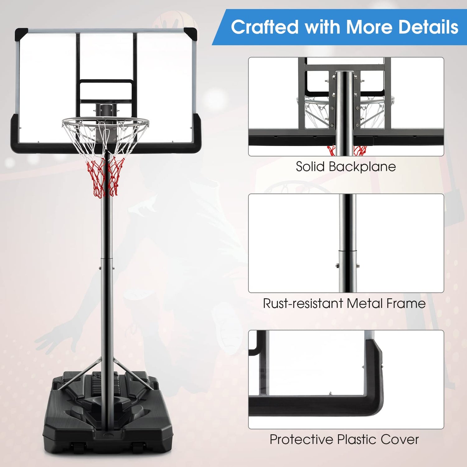 GYMAX 8.5ft Adjustable Basketball Stand with Shatter Proof Backboard and 2 Wheels (Black, 220-260cm)